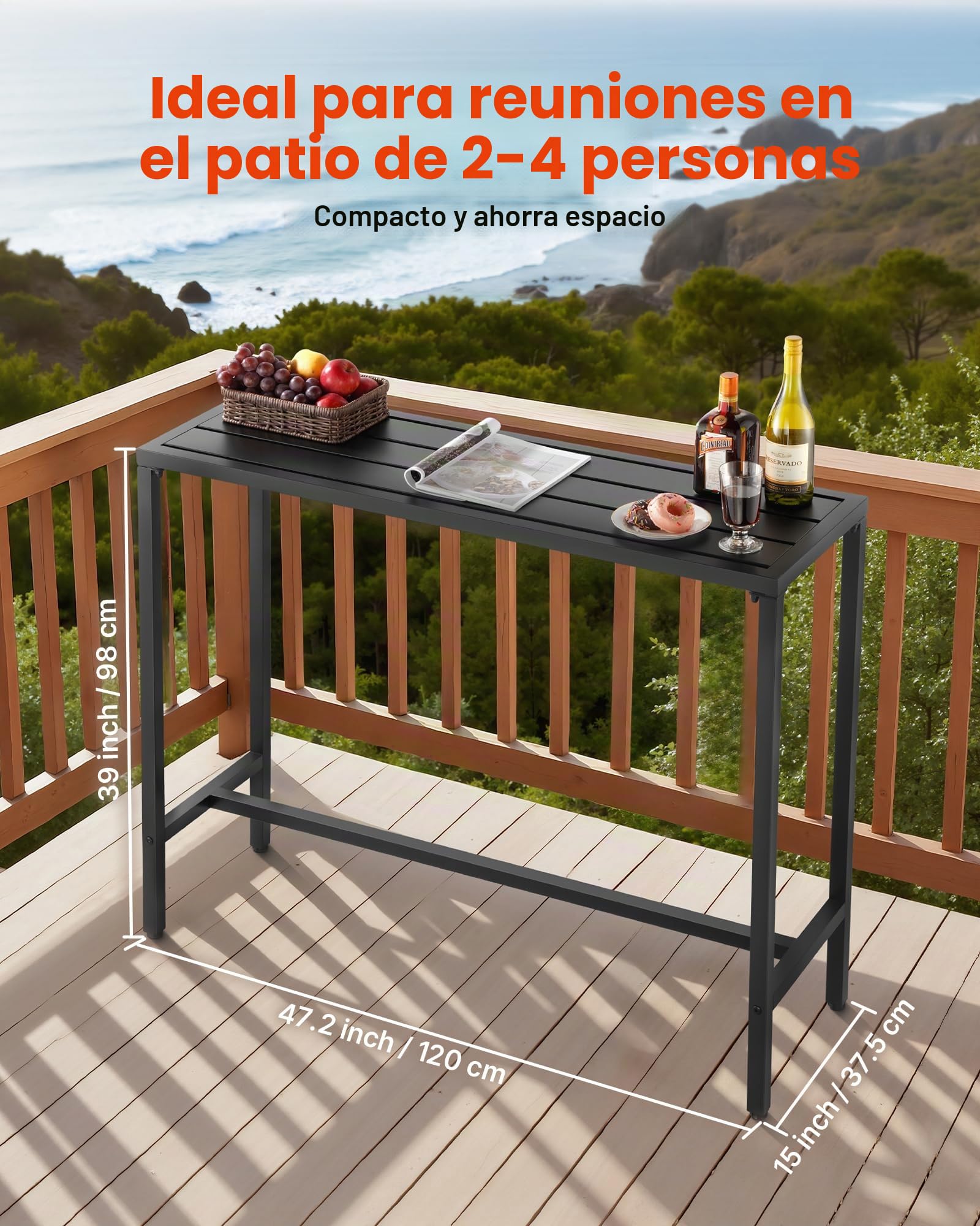 VEVOR Mesa Alta de Bar de Exterior, 1200 x 375 x 980 mm, Mesa de Comedor Rectangular con Tablero Impermeable y Estructura de Metal Resistente, Mueble de Jardín para Patio, Terraza, Piscina, Negro