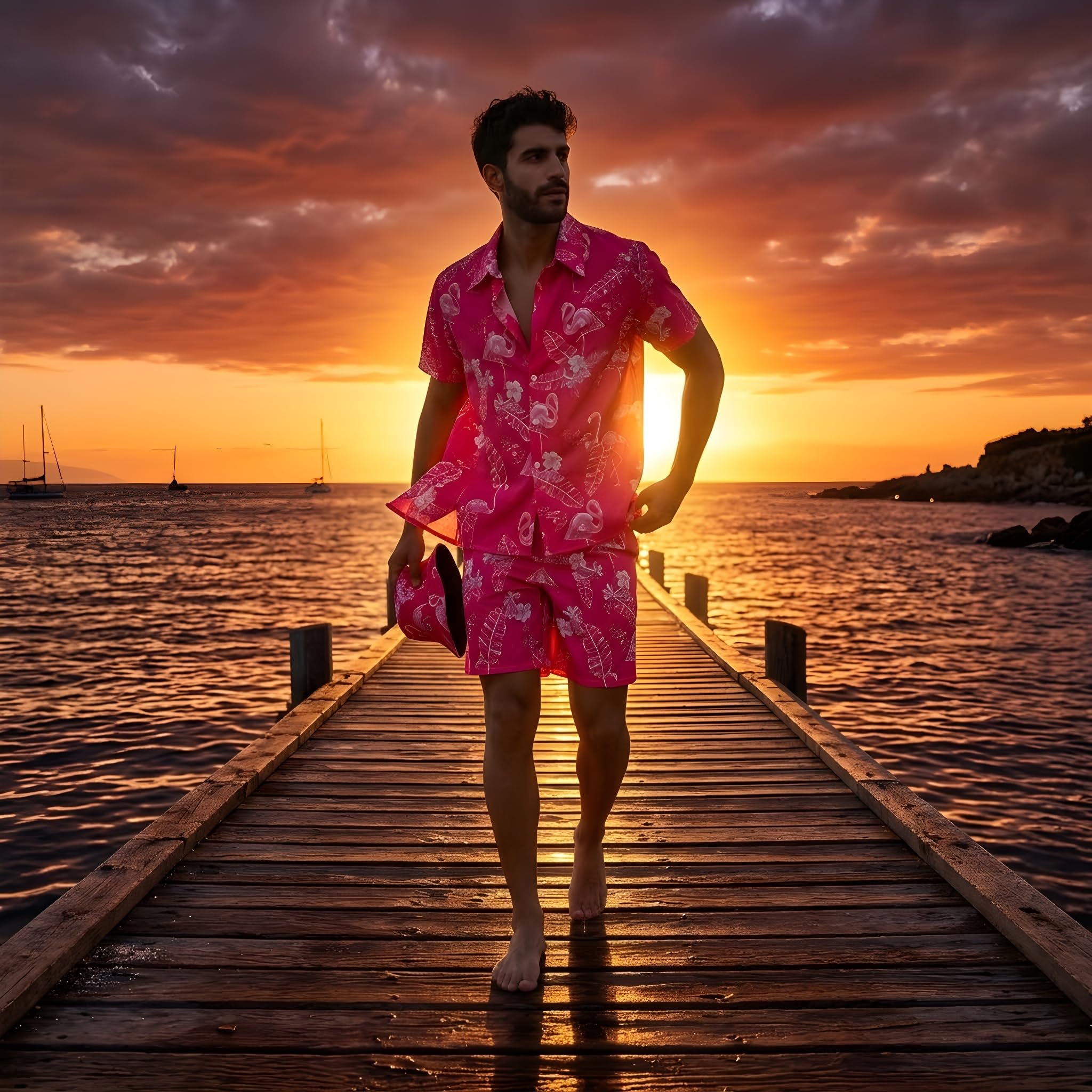 Camicia hawaiana da uomo, 3 pezzi, vestito hawaiano, da uomo con camicia a fenicottero, cappello da pescatore, abbigliamento per il tempo libero, set di camicie da uomo