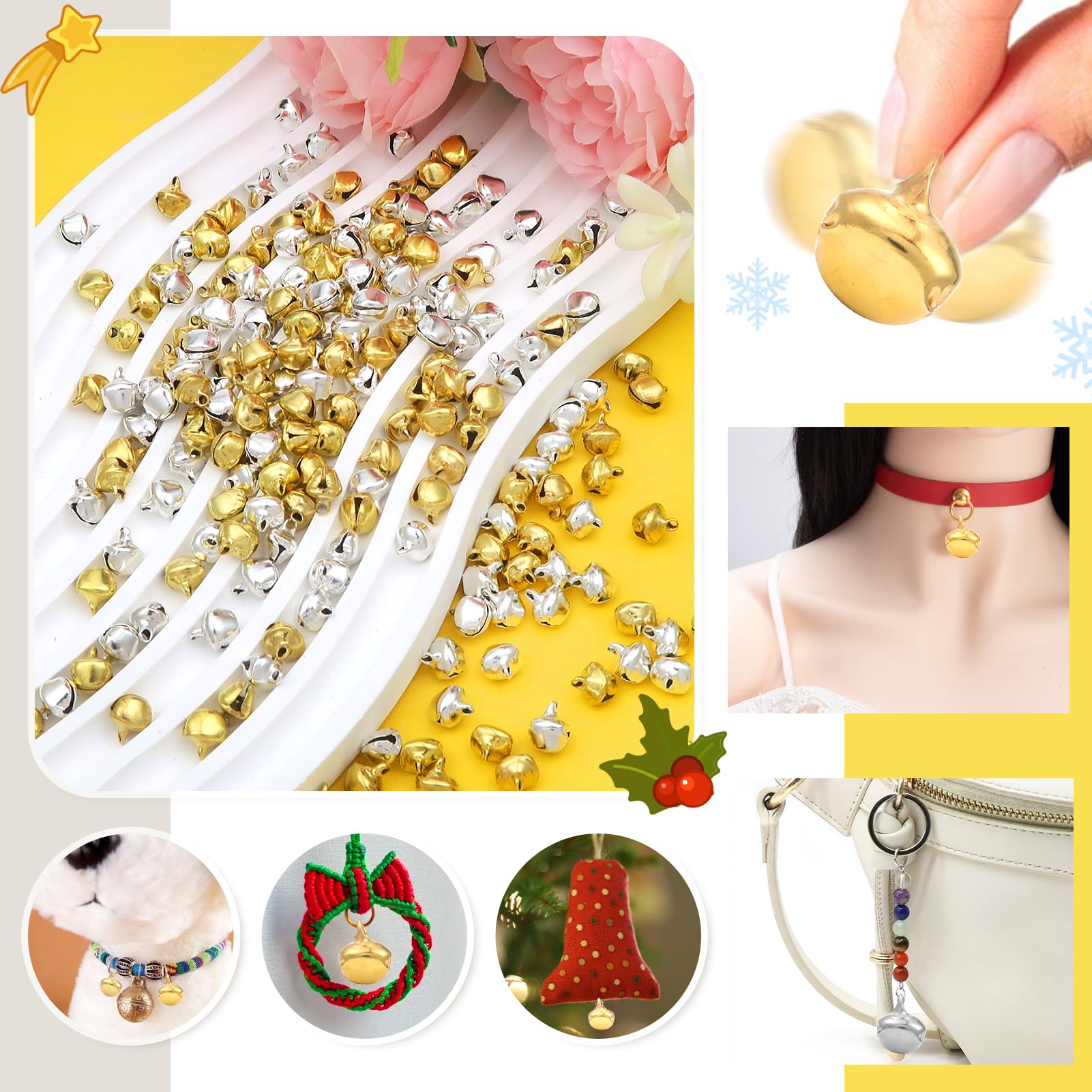 TOAOB 200 Pièces Clochettes Métal Or Et Blanc 15x10 Mm - Grelots Jingle Bells Pour Noël, Bijoux, Décoration Artisanale Et Fêtes