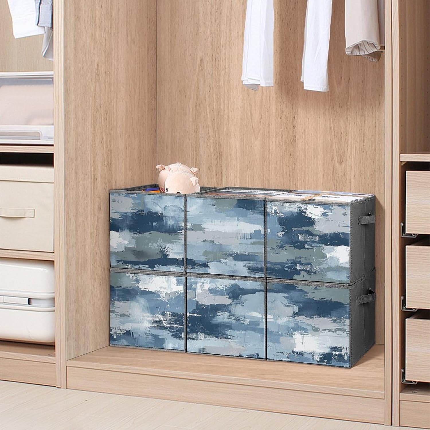 Multi Use Organizer Bins, Blue And Gray Pattern Printed Storage Bins, Foldable Storage Baskets Are Suitable For Bedrooms, Offices, And Cars