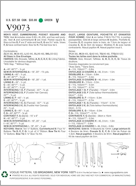 Amazon Com Vogue Patterns V9073 Men S Vest Cummerbund Pocket Square And Ties Sewing Template One Size Arts Crafts Sewing