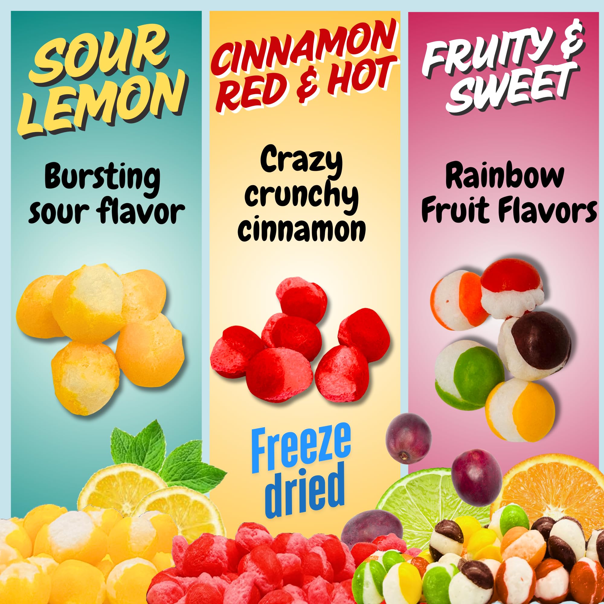 Freeze Dried Candy Variety Pack – Rainbow Krunchies, Sour Lemon Ballz, Cinnamon Hotties – Sweet & Sour Crunchy Snack – 3 Bags – Viral Snack Gift – Yum Yum Candy Shop