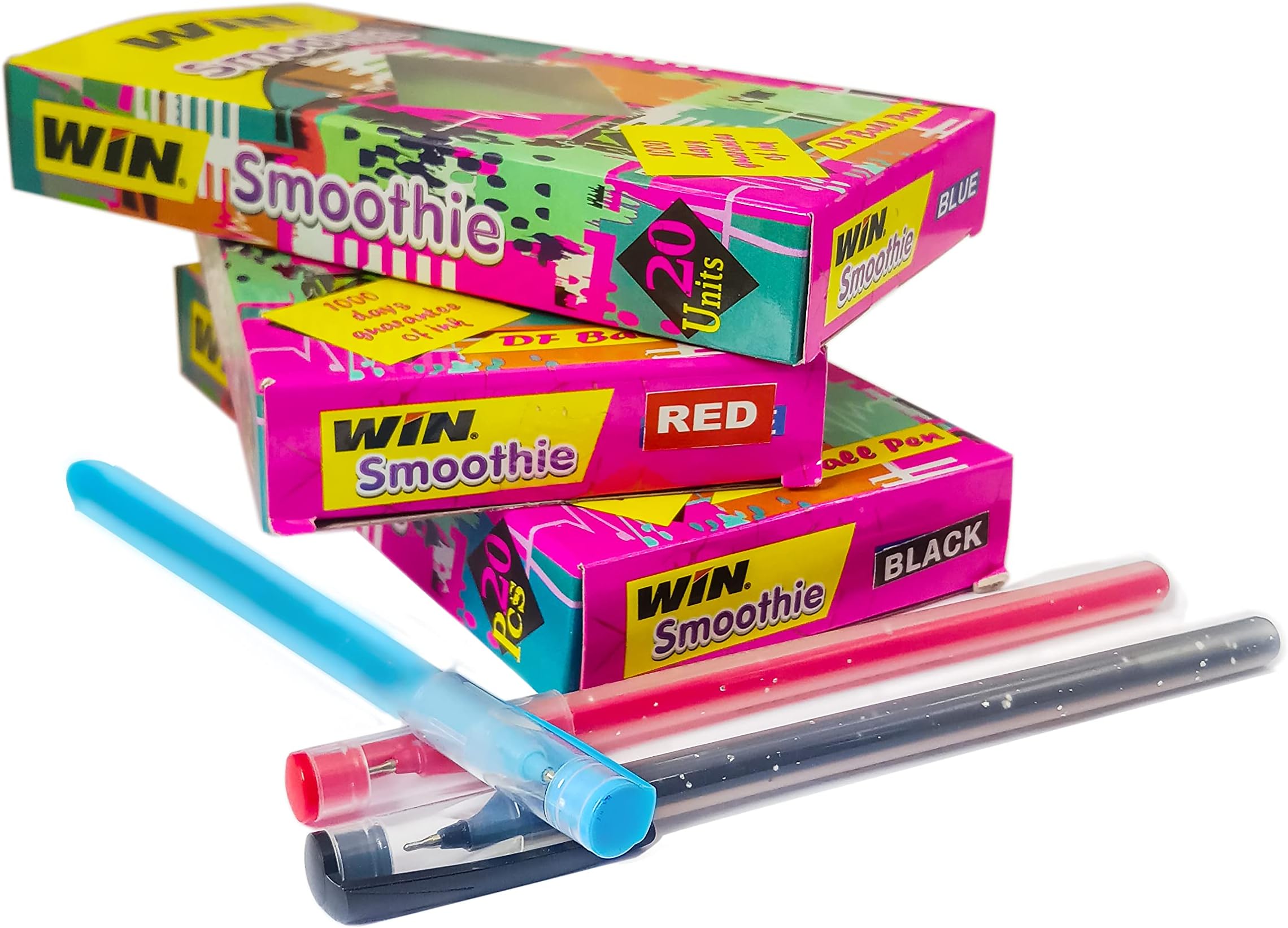 WIN Smoothie Ball Pens | 60 Pens (20 Blue Ink, 20 Black Ink & 20 Red Ink) | Colourful Sparkle Body | Use and Throw Pens | For One Time Use | Smooth Flow of Ink | Pens for Writing | Office Stationery