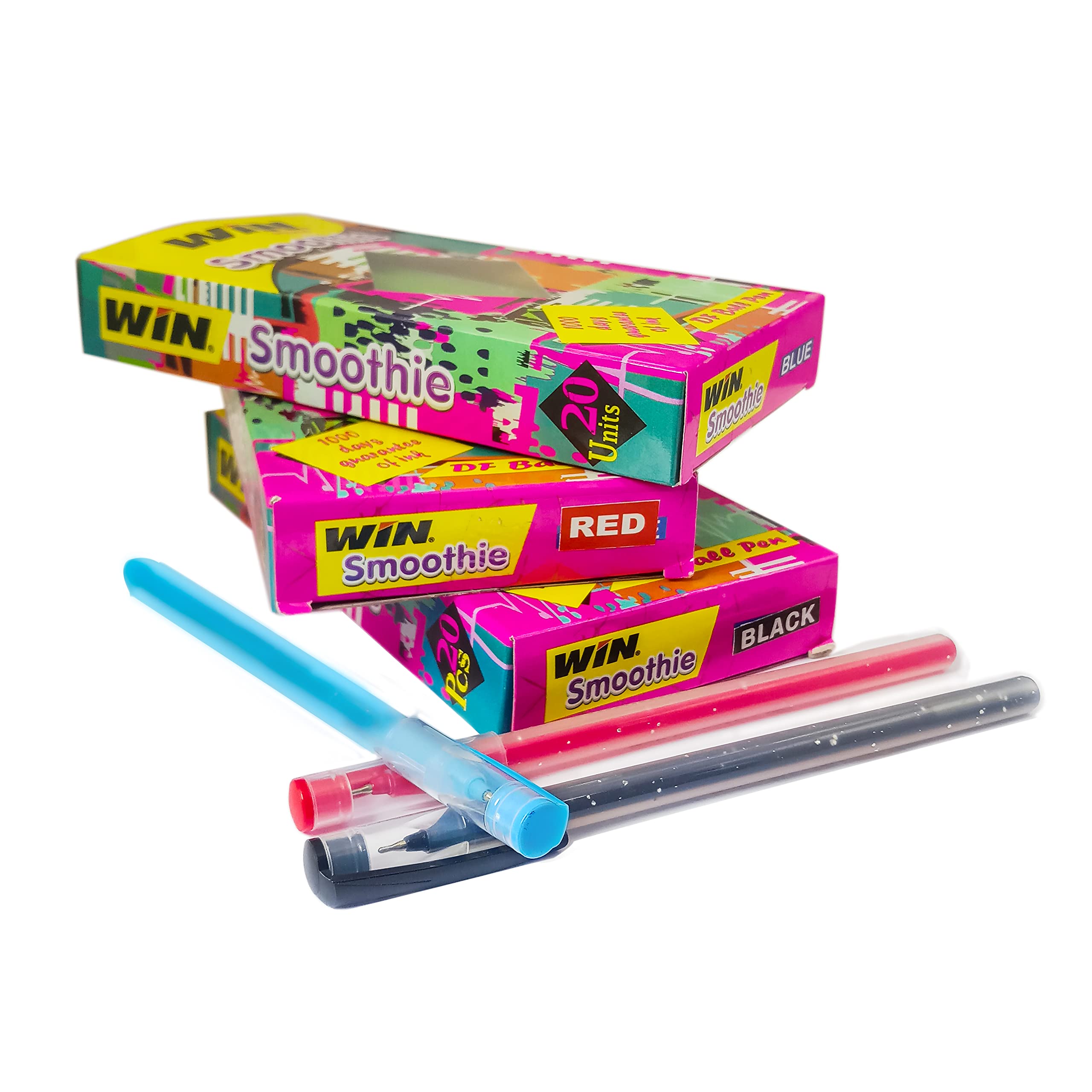 Win Smoothie Ball Pens|60 Pens (20 Blue Ink, 20 Black Ink & 20 Red Ink)|Lightweight Sparkle Body Design|Use & Throw Ball Pens|0.7Mm Tip For Smooth Flow Of Ink|Multicolour Fluorescent Body Ball Pen Set