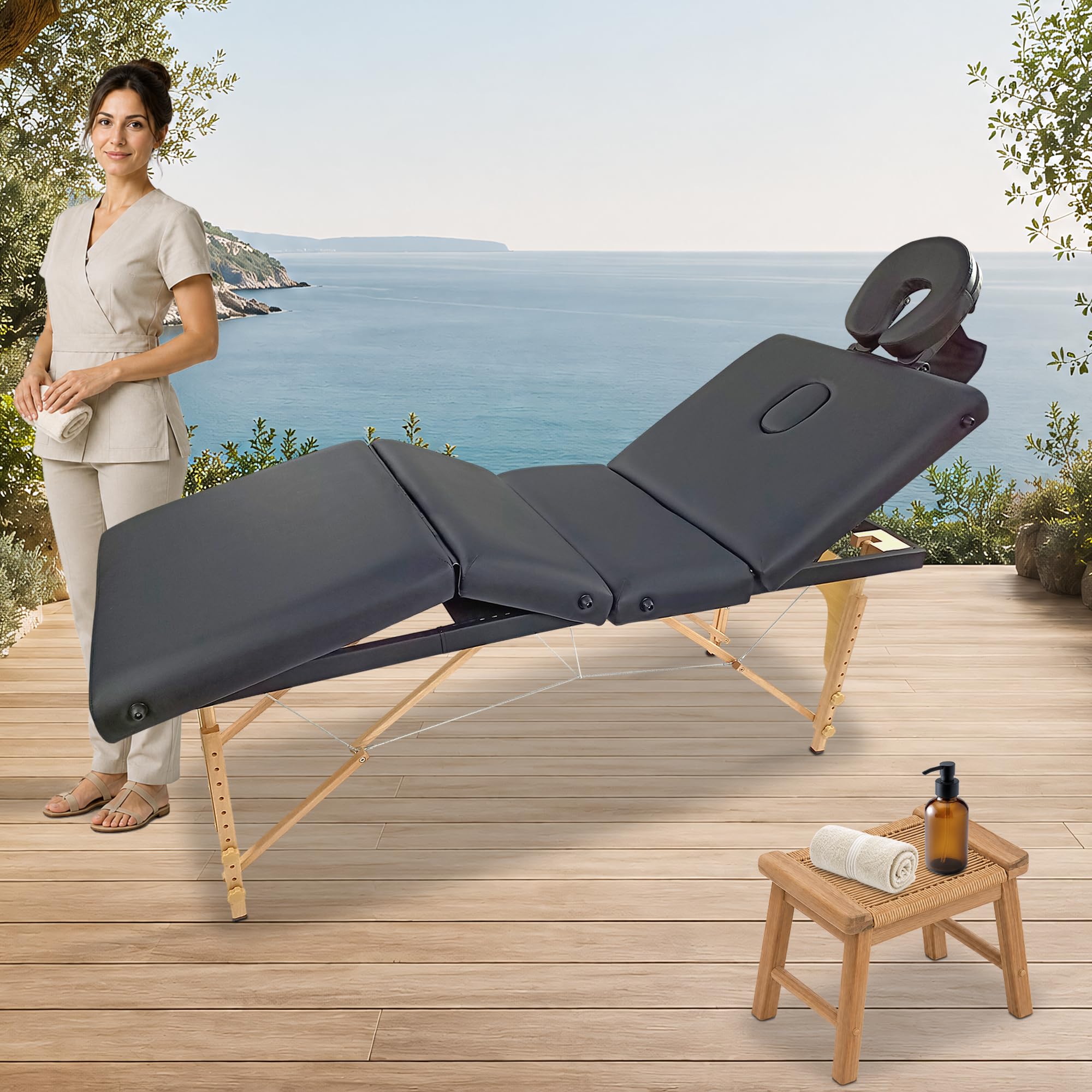 BELTOM® Table de Massage 4 Zones Portables Cosmetique lit esthetique avec Panneau Reiki + Sac - Noir