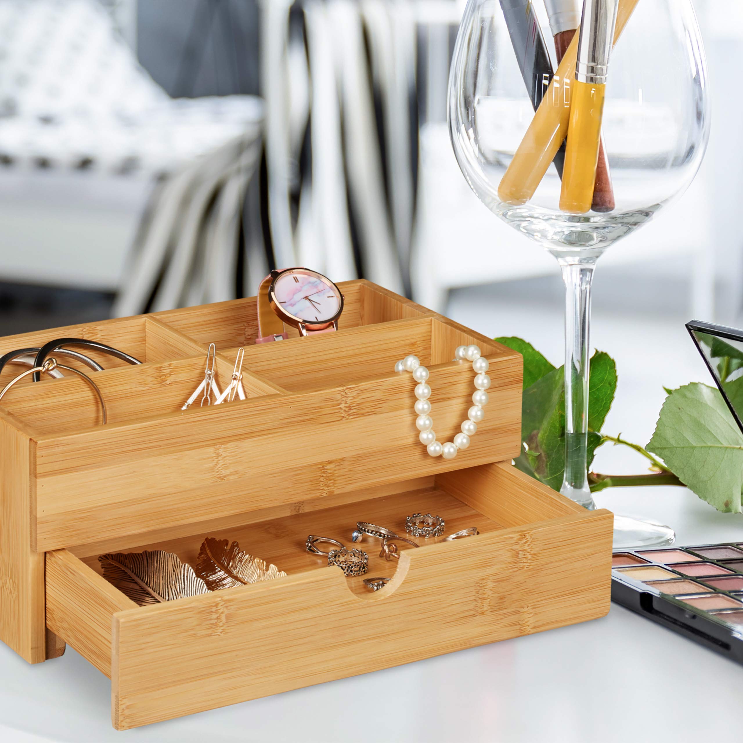 Relaxdays Bambusowy organizer na kosmetyki, wielofunkcyjny, 4 przegródki i szuflada, pudełko na biżuterię, pudełko do przechowywania kosmetyków, kolor naturalny, 11 x 27 x 15 cm