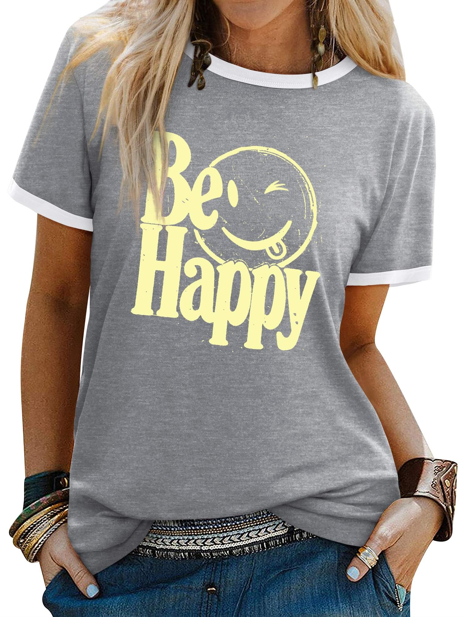 Dresswel T-Shirt Women's Smile Print T-Shirt Crew Neck Short Sleeve T Shirts Summer Tops Tee Tops Blouse