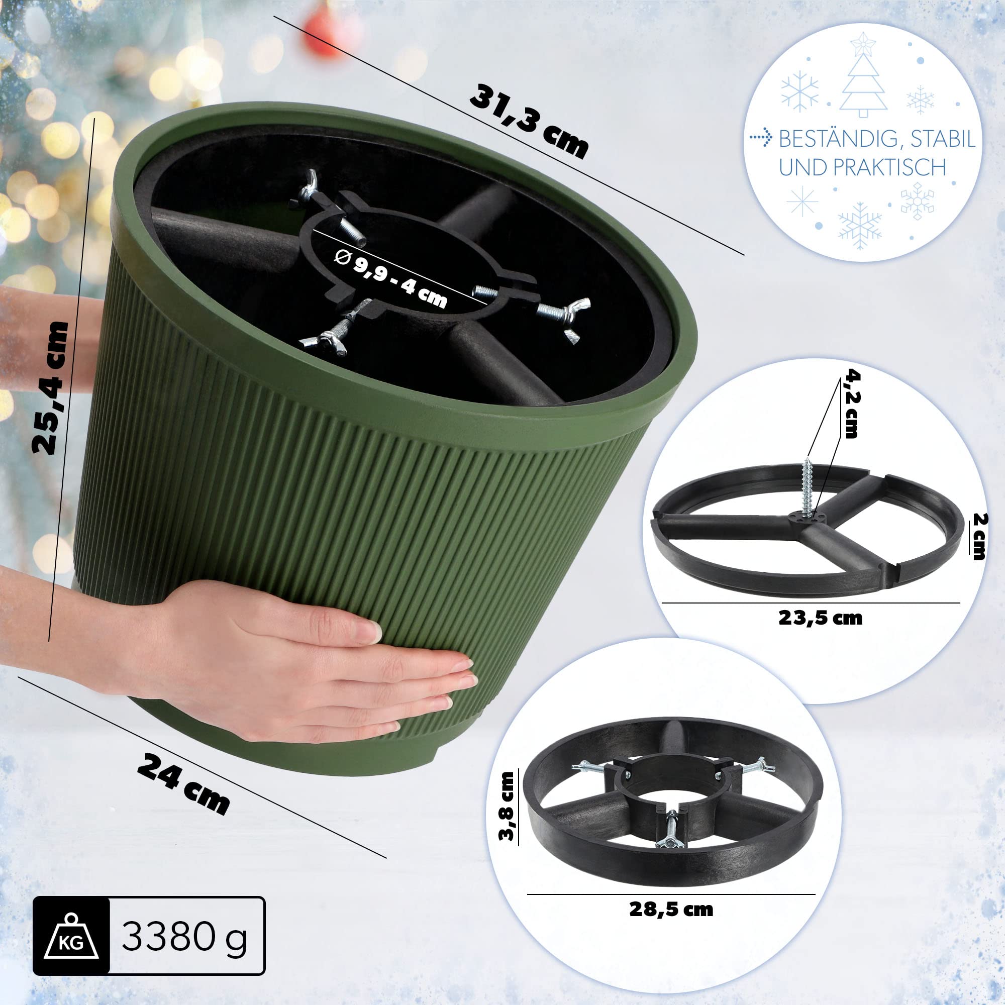 KADAX Support de sapin de Noël, en plastique recyclé, pour un vrai arbre, pied de sapin (hauteur de l'arbre jusqu'à 250 cm / vert)