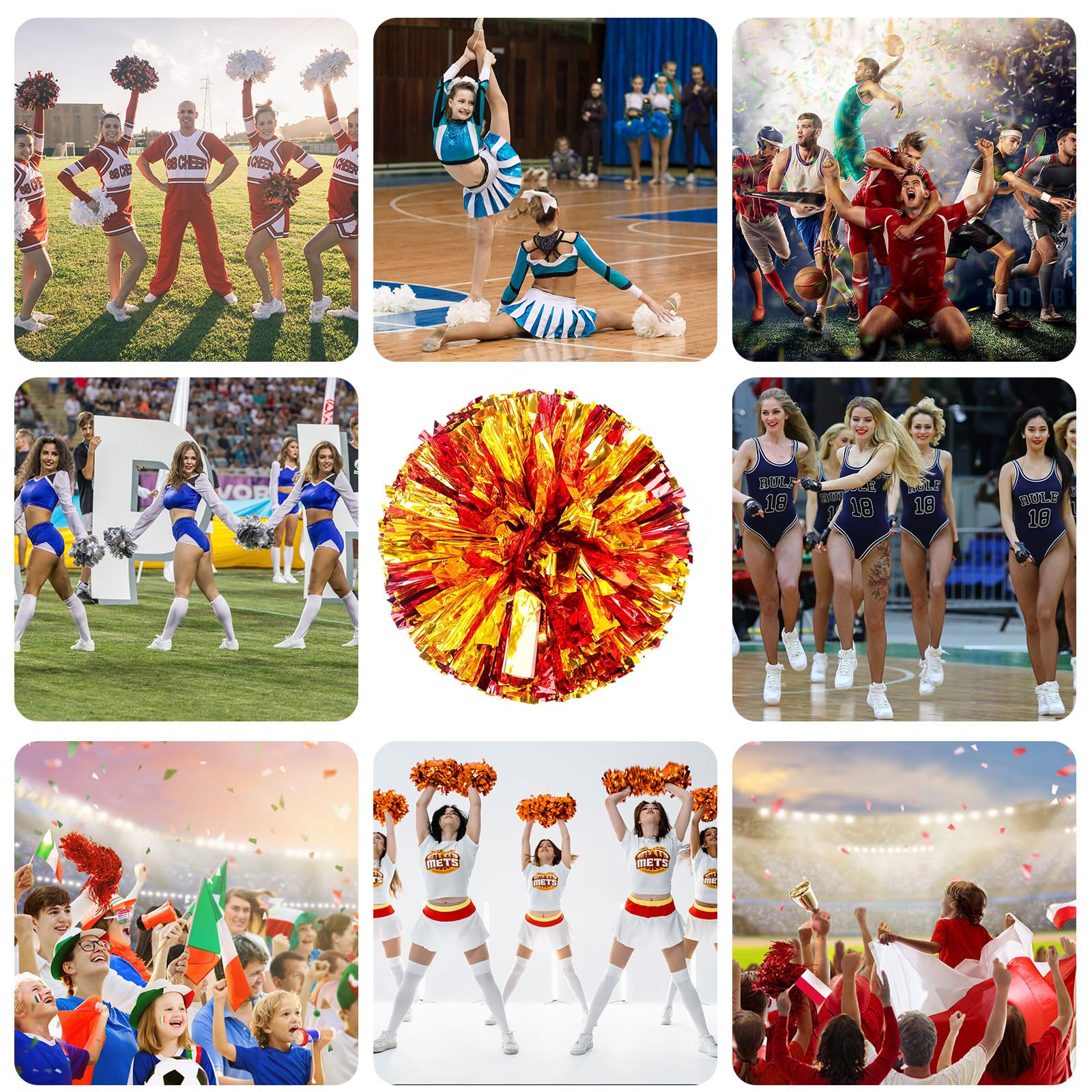 Pompony cheerleaderek, 36 szt. z prostym uchwytem, ręczne pompony drużynowe do drużyny sportowej Cheer Spirit Games, na imprezę taneczną dla dorosłych (czerwone + złote)