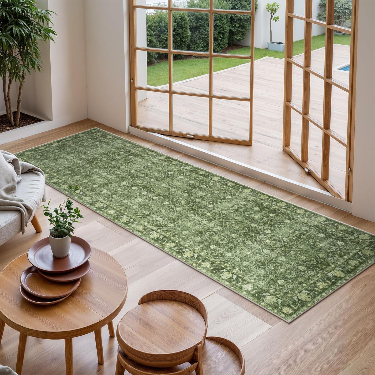 Hedlive Vintage Green Washable 2x6 Runners for Hallways, Boho Kitchen Runner Rug Non Skid, Soft Low Pile Floor Carpet for Entry Bathroom Bedside High Traffic Area (2'x6', Green)