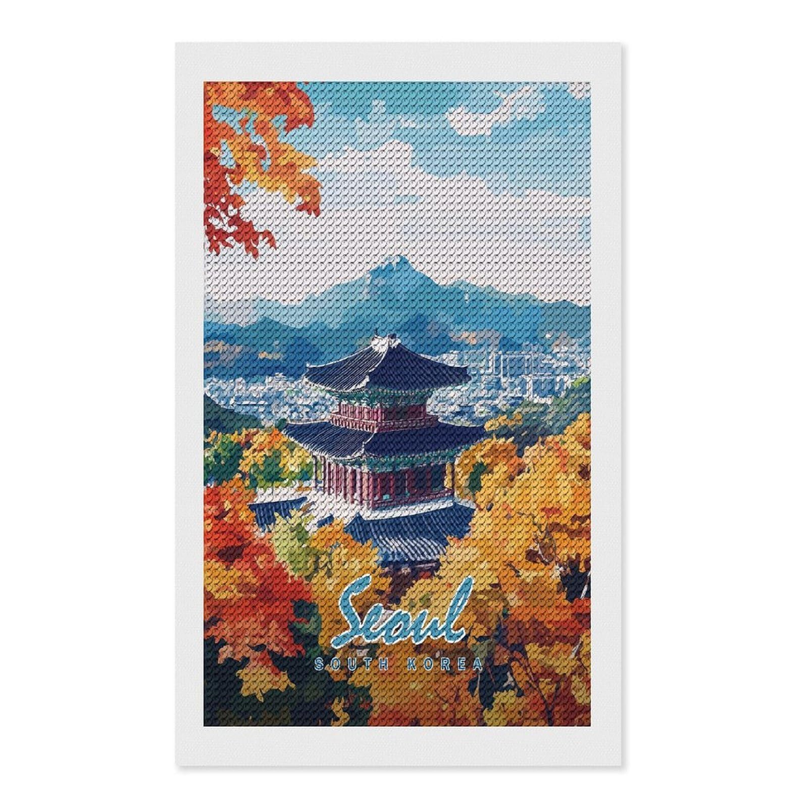 Junmoney Seoul Cityscape with Pagoda Diamond Art Canvas 12"x20", for Adults, Good for Quiet Evenings, Bedroom Decor, Festive Craft Gift, Easy to Enjoy
