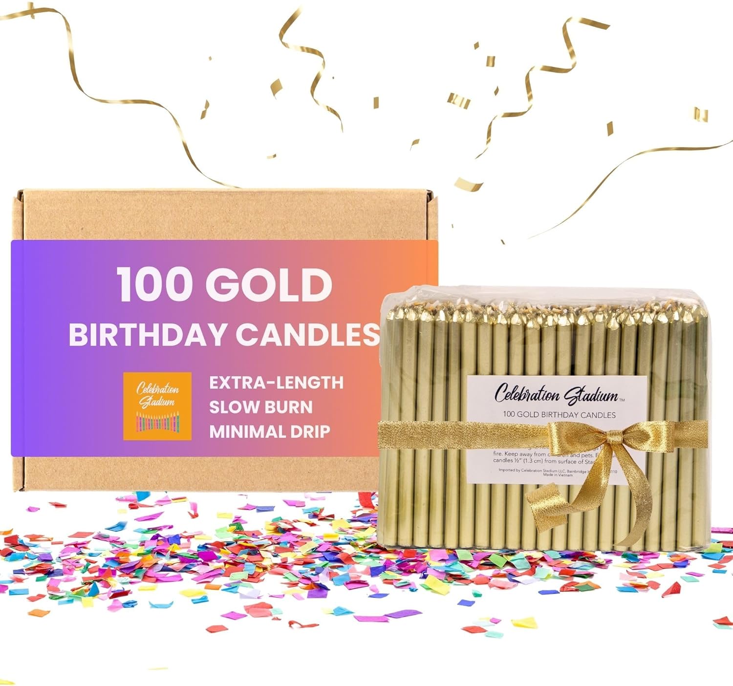 Tall Gold Birthday Candles for Cake and Table Decorations, Perfect for Milestone Special Day, Elegant Gold Birthday Candles, Ideal for Celebrations, 100 Pieces, 3.25 Inches