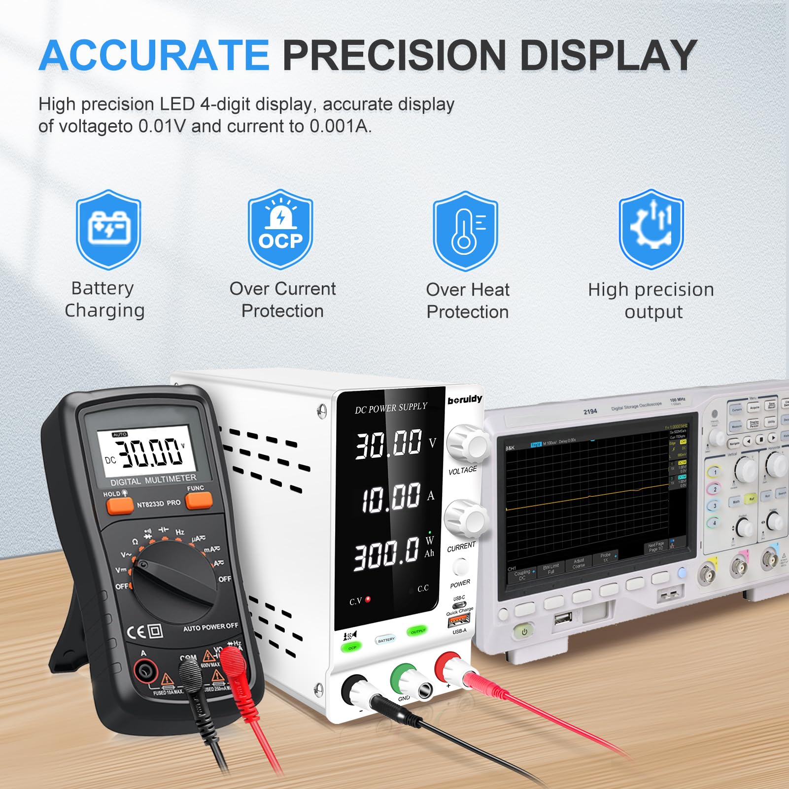 Alimentatore da Labotorio 30V 10A Encoder Alimentatore DC Regolabile 1V~24V Batterie Caricabatterie con 18W USB-A/C Carica Rapida Porto/Output Pulsanti Alimentatore Banco Stabilizzato