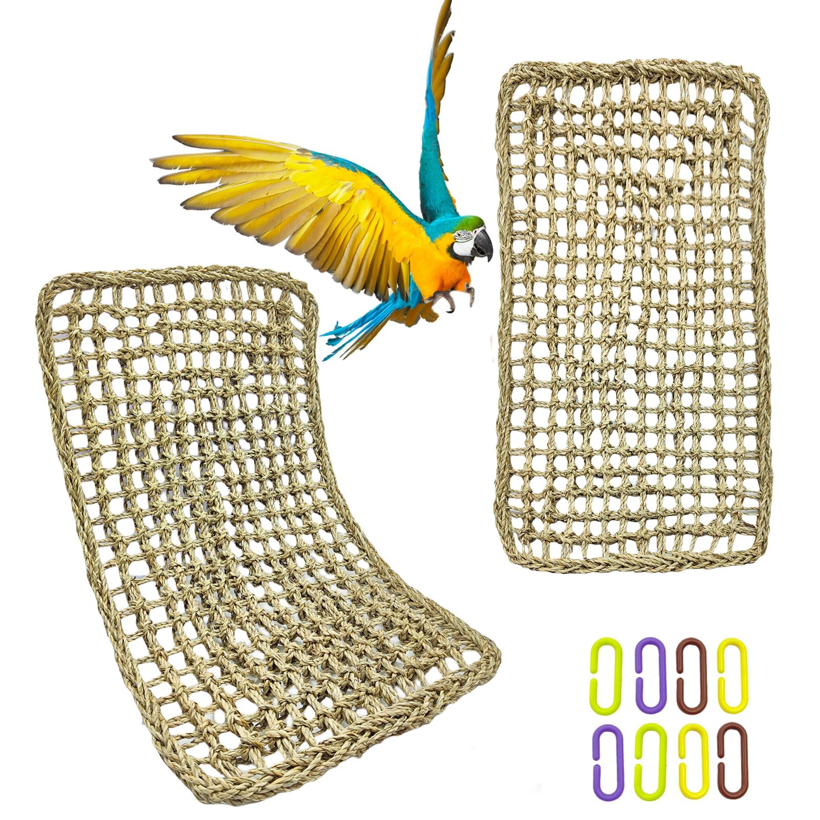 Large Bird Seagrass Mat 24 × 14 ''Natural Seagrass Woven Bird Net Hammock Climbing Rope Ladder with Hooks Chew Toy for Parrot Guinea Pig Lovebird