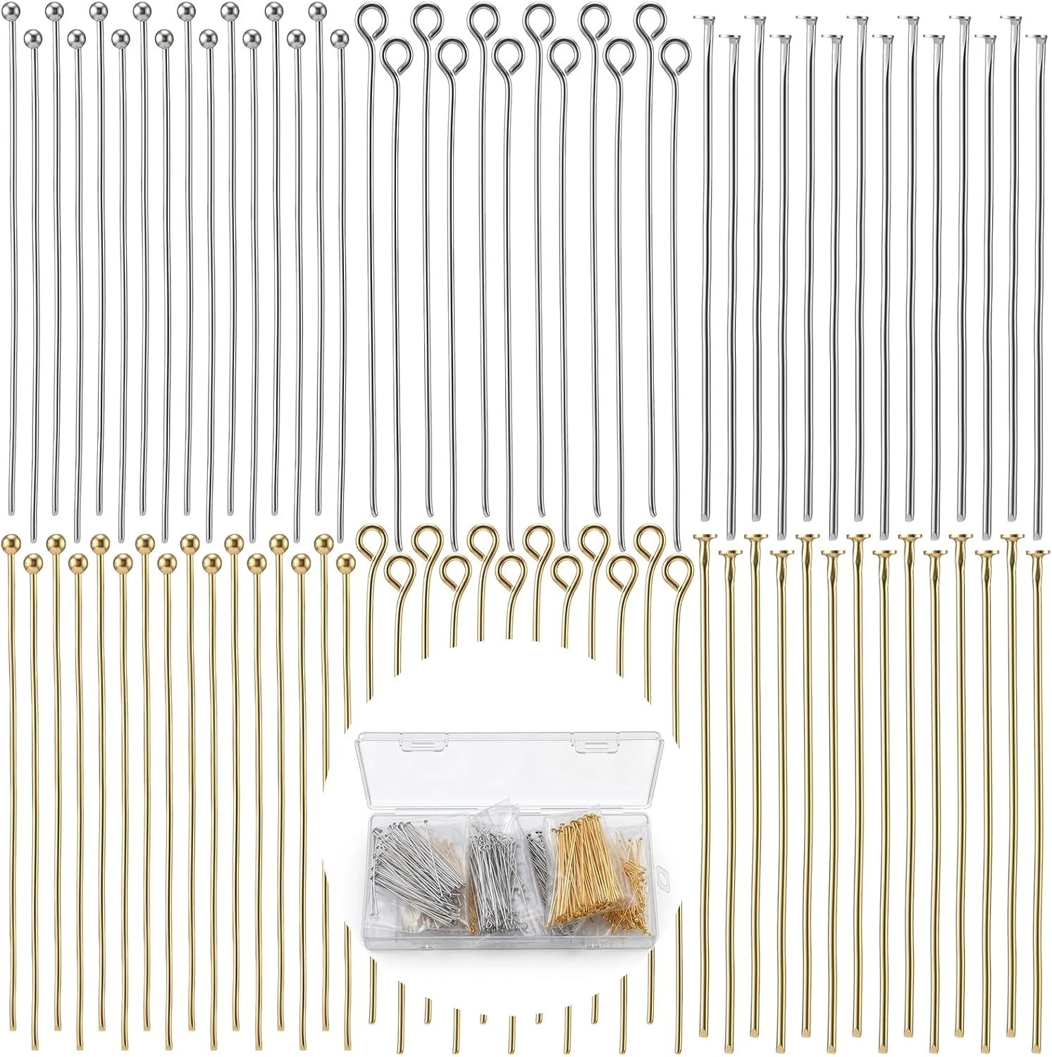 600 Pieces Eye Pins for Jewelry Making, 2 Inch Flat Head Pins for Jewelry Making, Flat Head Pin Eye Pin Craft Supplies Gold and Silver