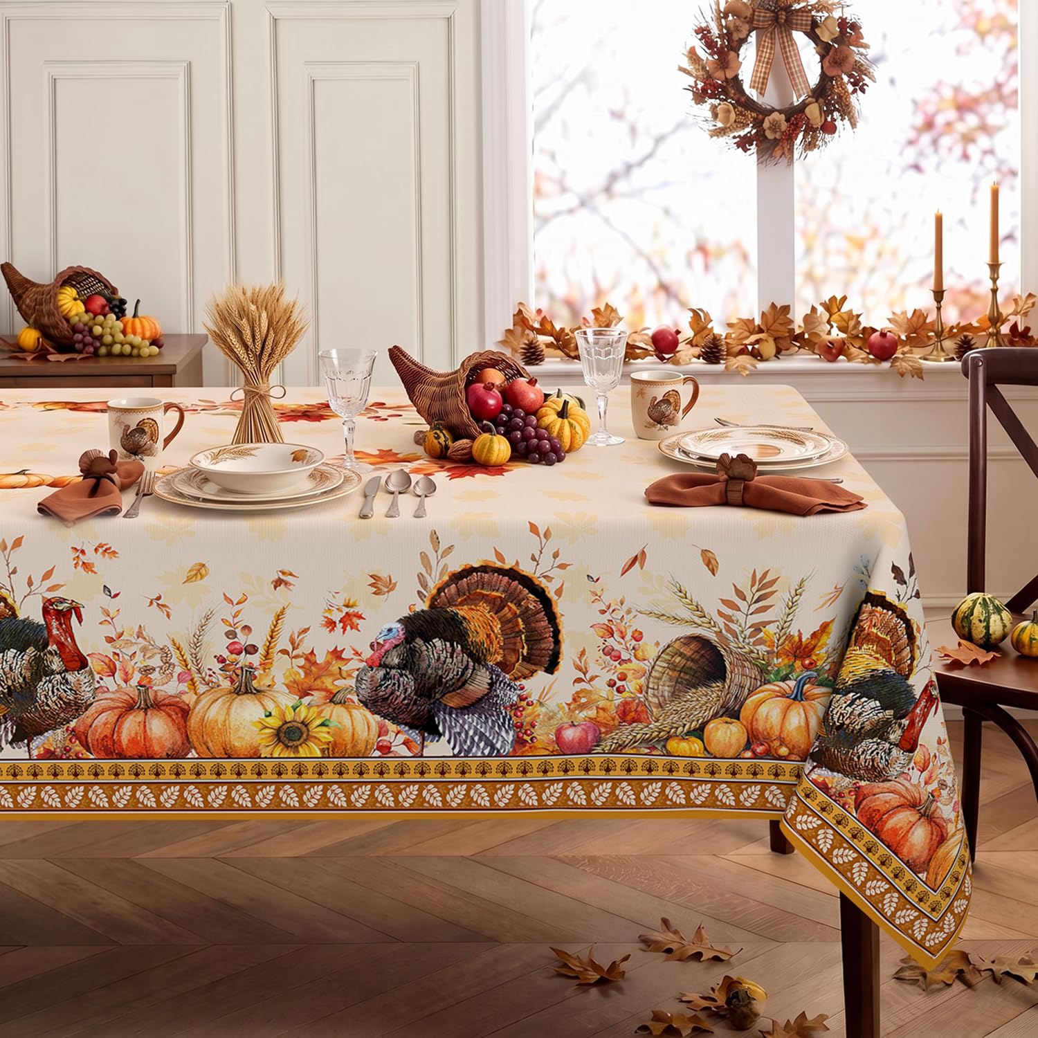Thanksgiving Tablecloth Rectangle 60 x 84 Inch, Stain Resistant Washable Polyester Turkey