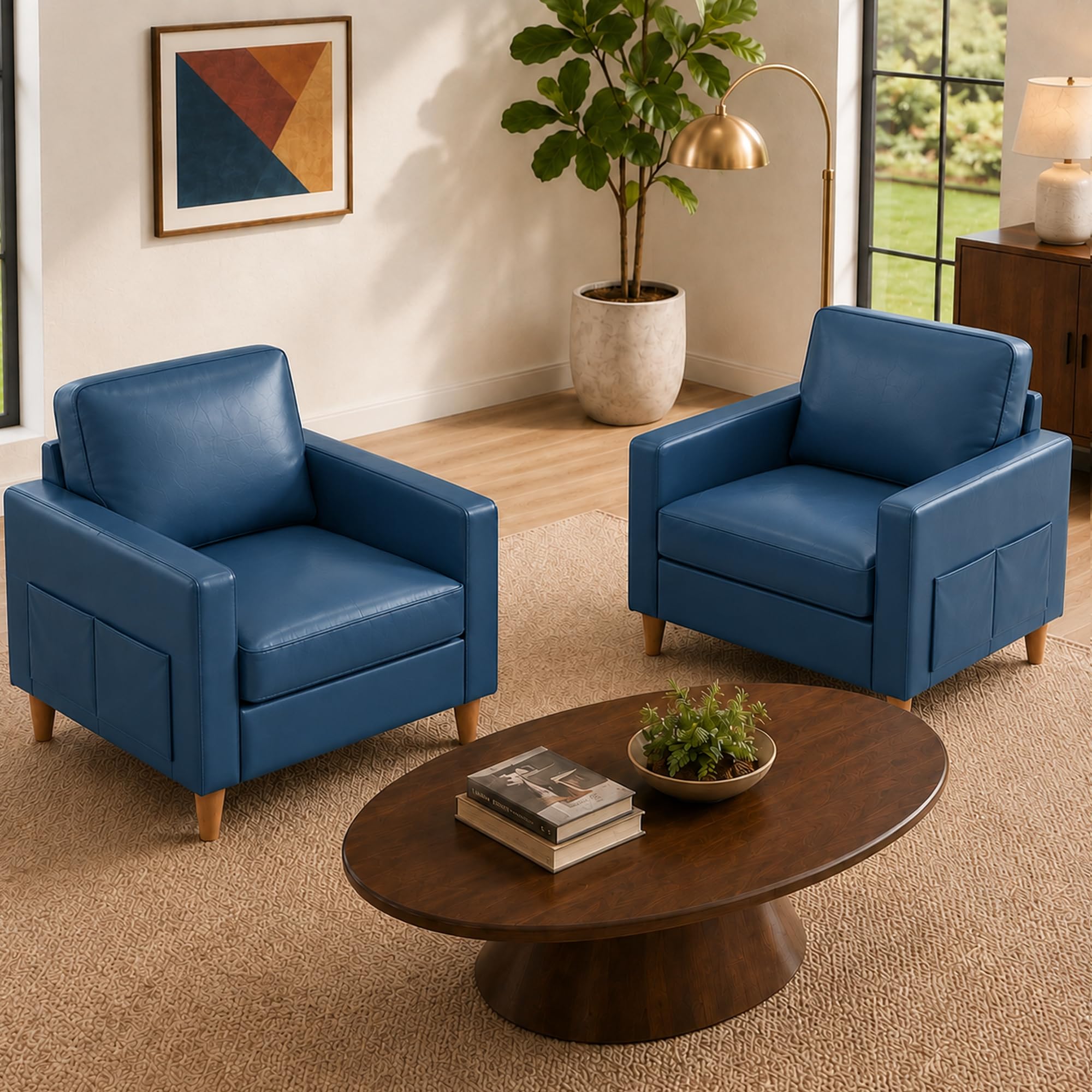 Accent Chair Set of 2, Living Room Chairs, Faux Leather Reading Armchair