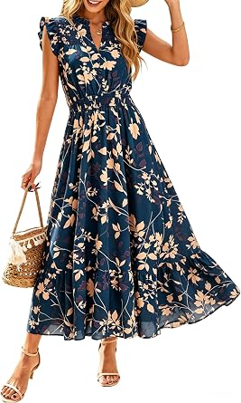 Simplee Womens Summer Floral Mixi Dress V Neck Ruffle Short Sleeve Flowy Dress Boho Casual Beach Long Dresses 2026
