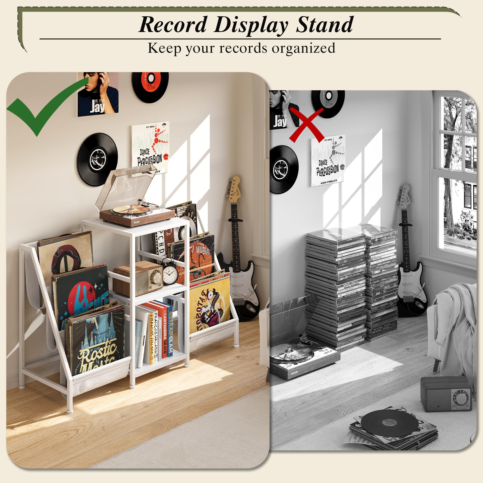 Soporte para tocadiscos blanco con 3 niveles, almacenamiento de vinilo para hasta 280 LPs, moderno soporte para discos de vinilo y mesa auxiliar para tocadiscos, diseño minimalista, estantería para
