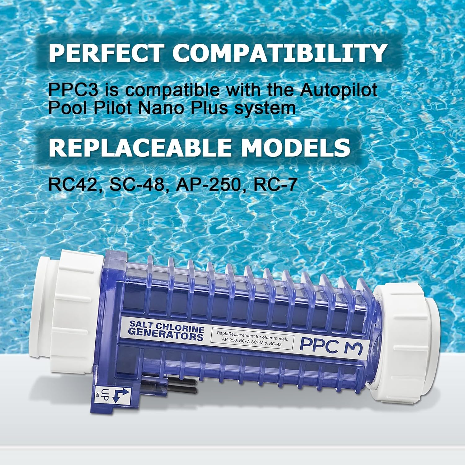 PPC3 Salt Cell Compatible with Autopilot Pool Pilot Nano Plus System Generator Suitable for 50,000-gallon Pools 7 Titanium Plates Replcace# RC-42 SC-48 AP-250 RC-7