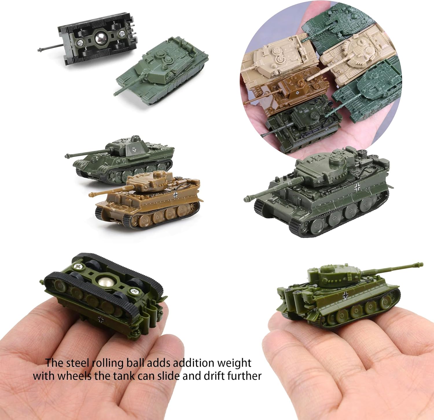 Mini Steel-Ball Roller Tank Toy Set Incl. 8 Pcs T-90MS, T-80, M1A2, Merkava MK4, Tiger, Panther, Type 99 Heavy Tank,A Blind Box Model,Scale 1:144