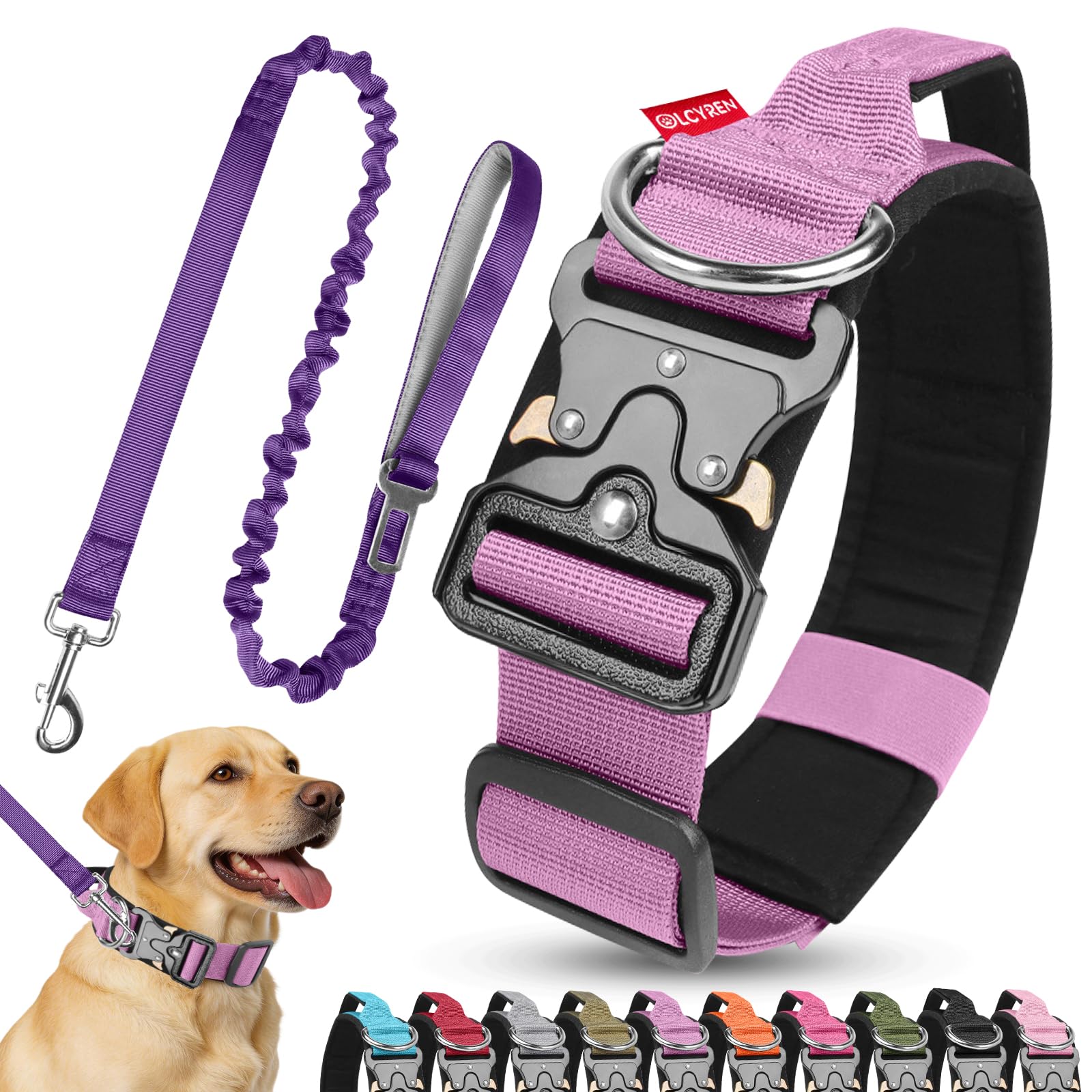 Olcyren Dog Collar and Lead Set, Tactical Dog Collar, Nylon Adjustable Strong Dog Collar with Handle, Soft Padded Pet Collars with Heavy Duty Metal Buckle for Medium Large Dogs (Light Purple, XL)