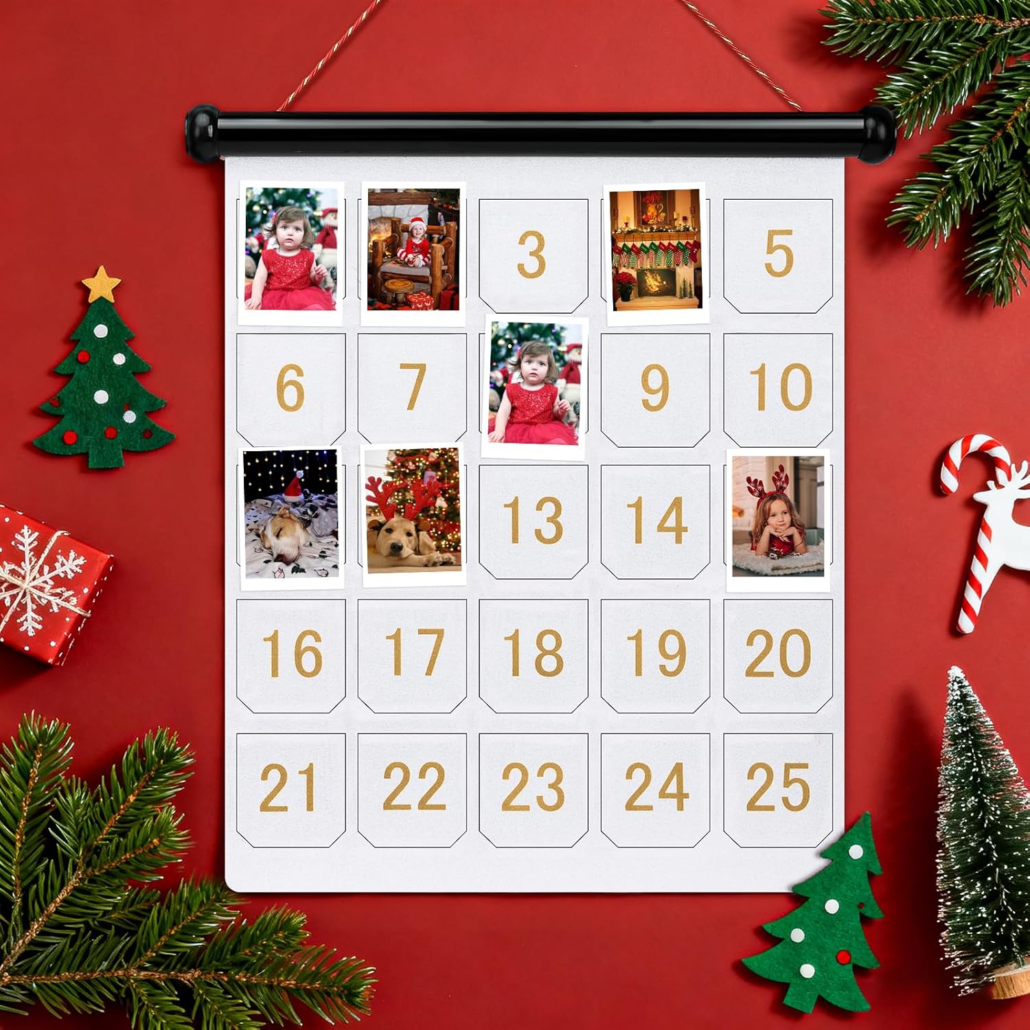 Christmas Photo Countdown Advent Calendar, Reusable Display for Wall, Home and Kitchen Seasonal Décor (Felt)