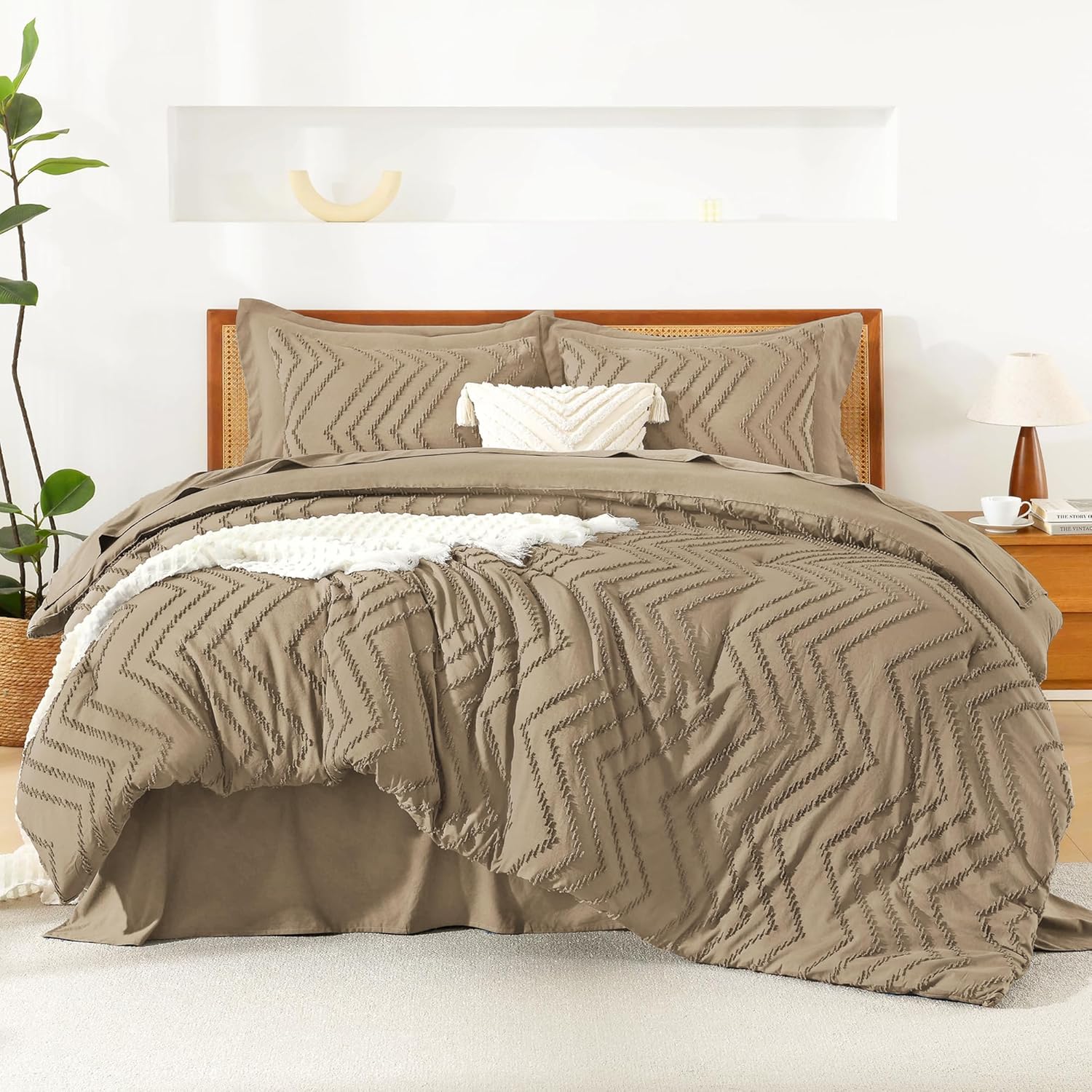 Litanika Oversized King Size Comforter Set with Sheets Taupe - 7 Pieces Bed in a Bag Oversized King Boho Tufted Complete Bedding Sets with Comforter, Sheets, Pillowcases & Shams Taupe Oversized King (120"x98")