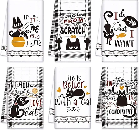 6 Pcs Black Cat Theme Kitchen Towels Funny...
