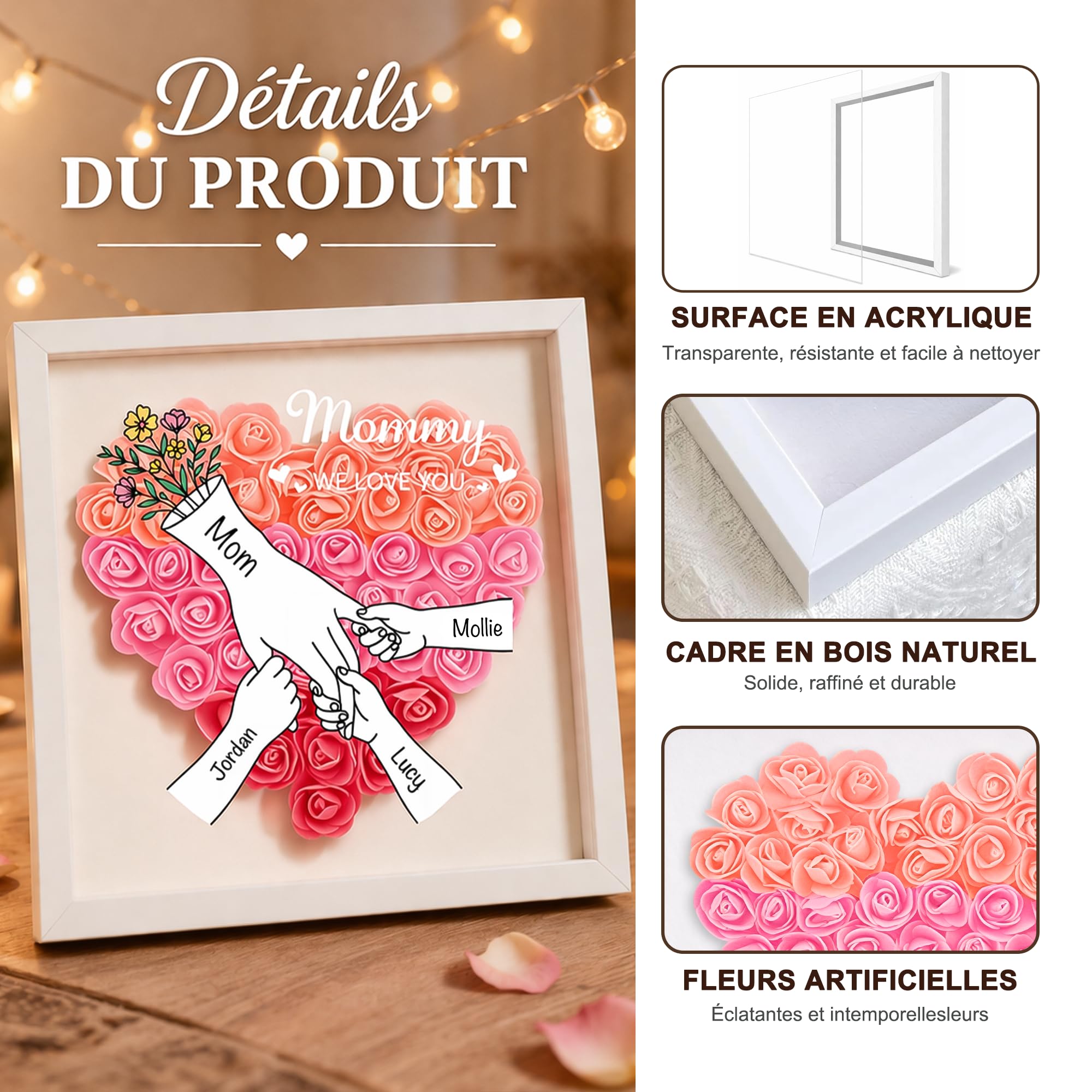 BEXOA Cadeau Fête des Mères Personnalisé, Boîte à Fleurs Cœur avec 2-6 Prénoms, Cadeau pour Maman et Grand-Mère (Style 1)