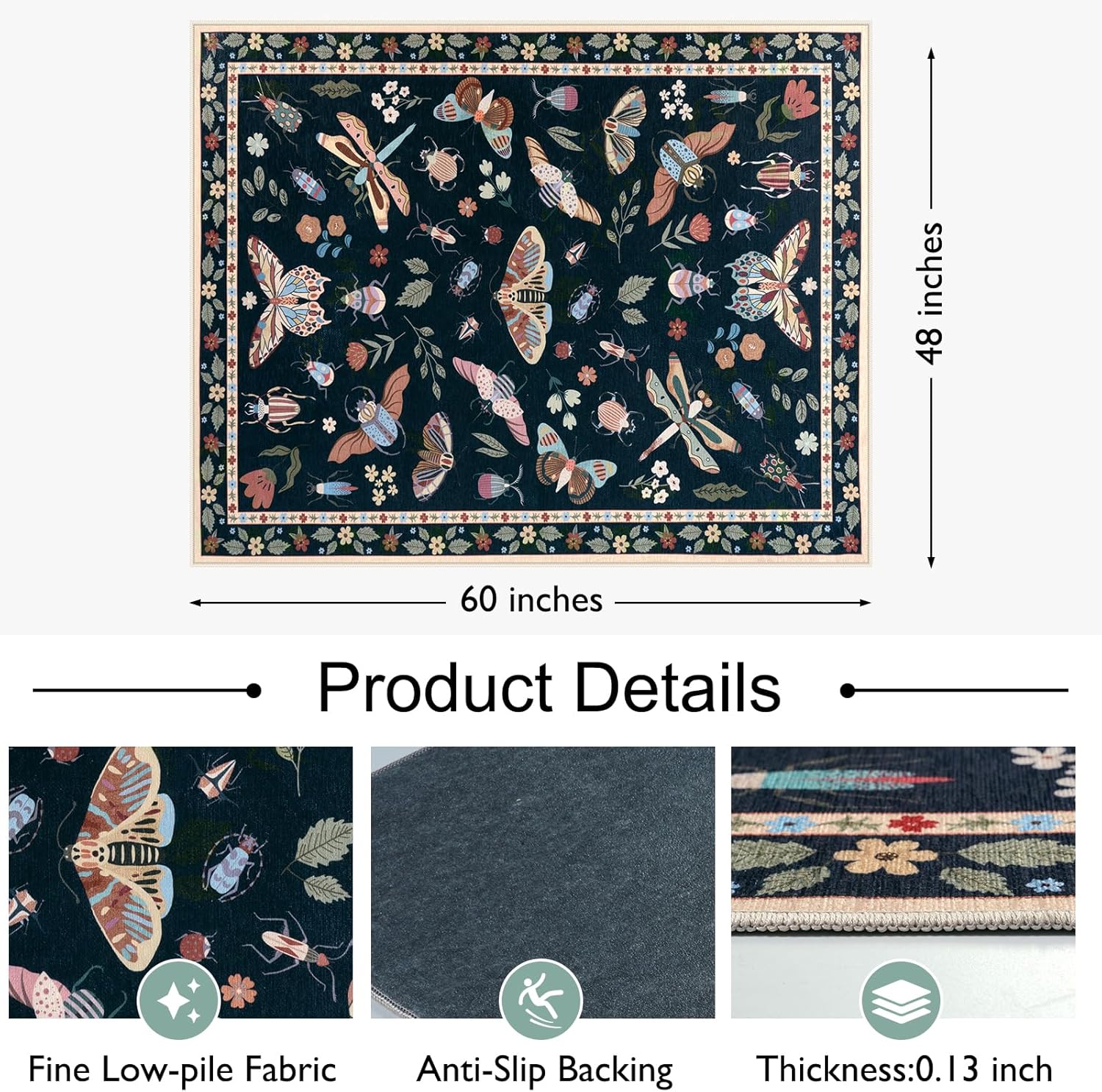 Anidaroel 48"x60" Office Chair Mat for Hardwood Floor/Tile, Black Anti-Slip Computer Chair Mat, Insect Print Office Rugs for Rolling Chairs, Low Pile Desk Floor Mat for Hardwood Floors