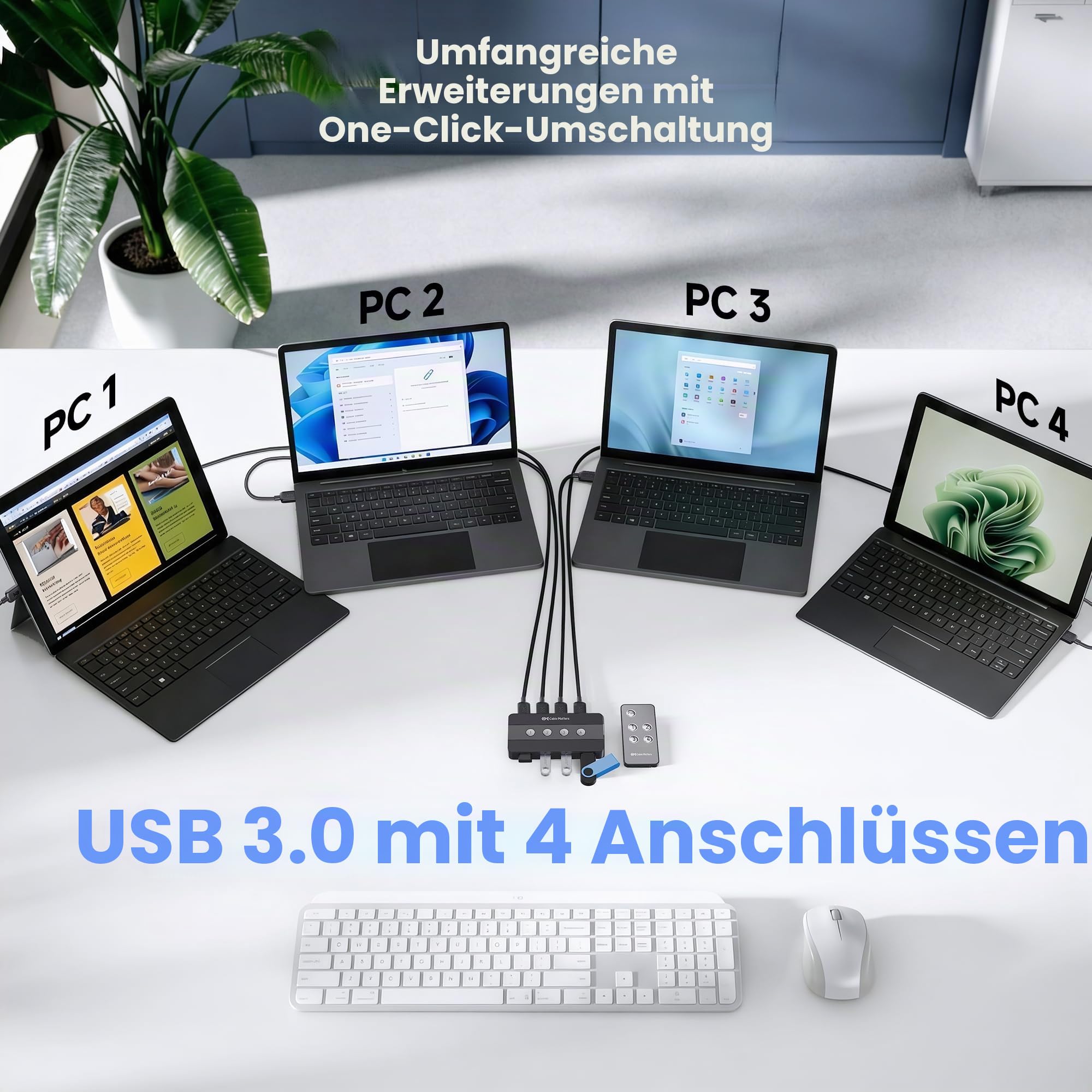 Cable Matters 4-Port USB 3.0 Switch für 4 Computer, USB-C Host unterstützt | 4 Eingänge/4 Ausgänge, Umschalten per Taste oder Fernbedienung, USB-C-Adapter enthalten