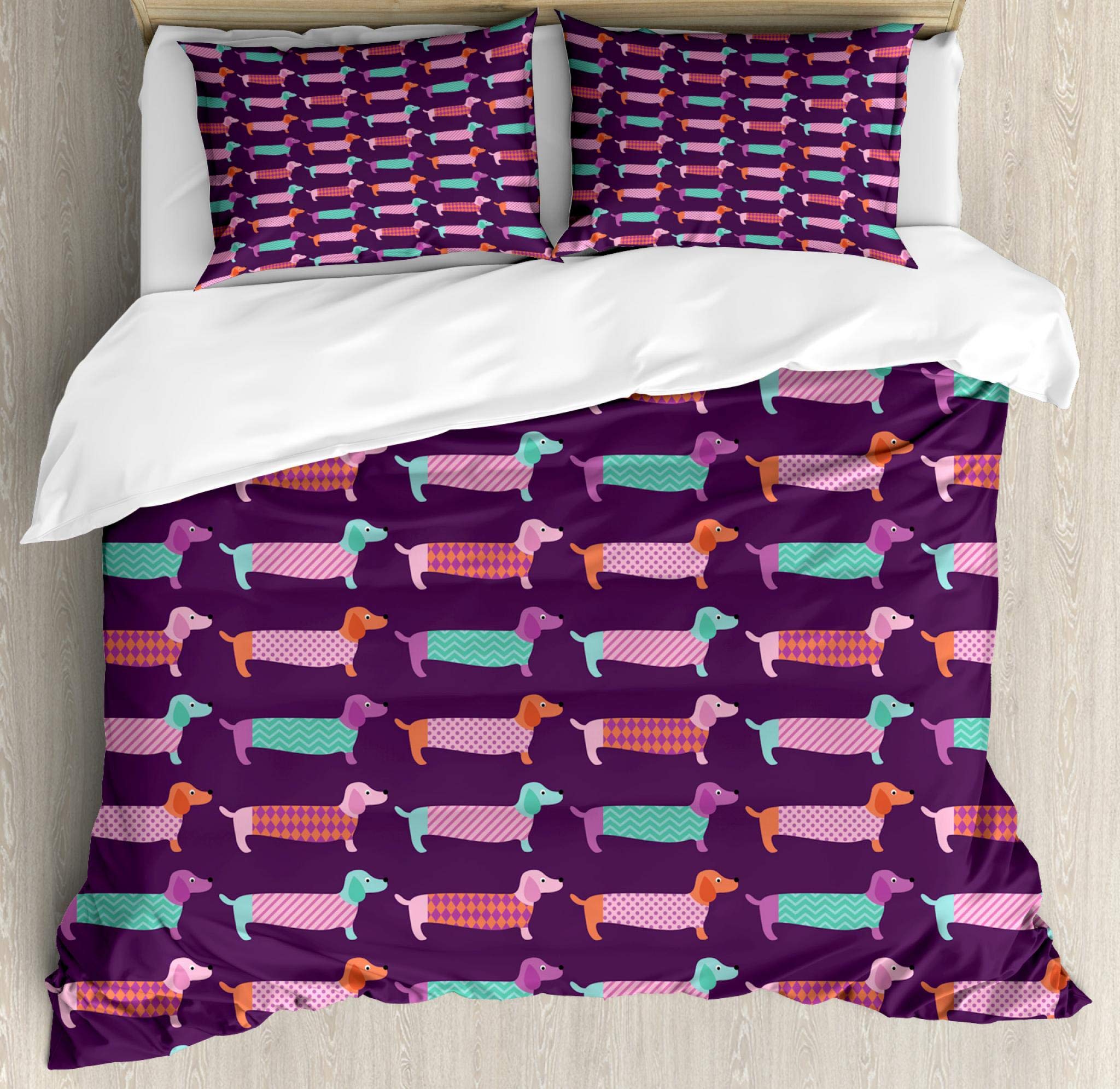 Ambesonne Dachshund Duvet Cover Set, Sixties Inspired Color Palette Abstract Pet Puppies Pattern Funky Animals, Decorative 3 Piece Bedding Set with 2 Pillow Shams, King Size, Purple Pink