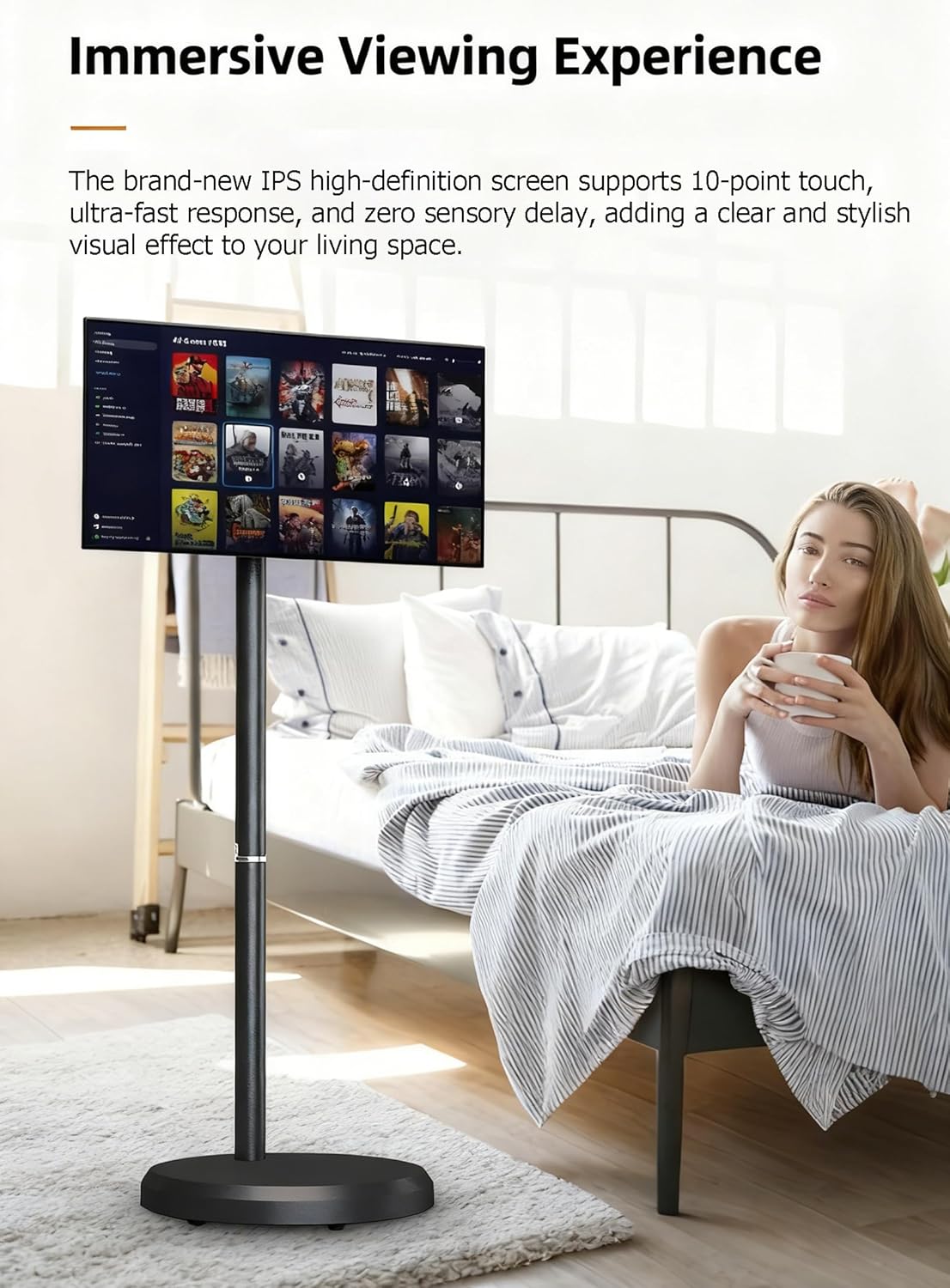 21.5-Inch Portable Rolling TV, 1080P Smart Portable Wireless Touch Screen TV, Touch Screen Portable TV Monitor, Android 15 OS, 13MP HD Camera, Full Swivel Rotation Black