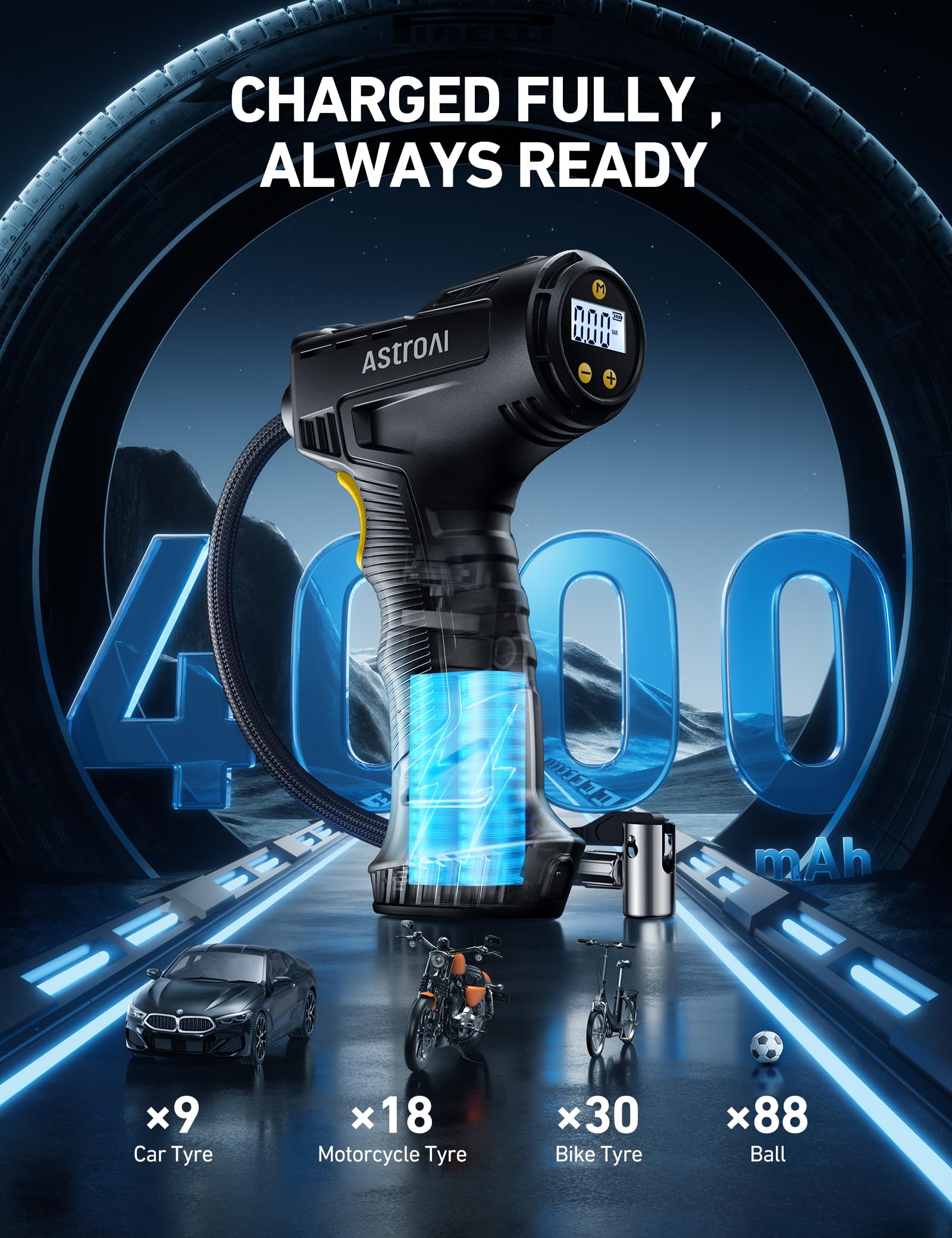 AstroAI Car Tyre Inflator Air Compressor, USB Rechargeable Battery Cordless Tyre Inflator, 150PSI Portable Handheld Tyre Pump Digital with Torch and 4 Adaptors for Car, Motorcycle Bike, Ball — view 4