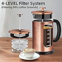 Vista 4 de French Press Coffee Maker 34oz / 1 Quart 304 Stainless Steel Coffee Press,with 4 Filters System, Heat Resistant Thickness Borosilicate Glass, Brewed