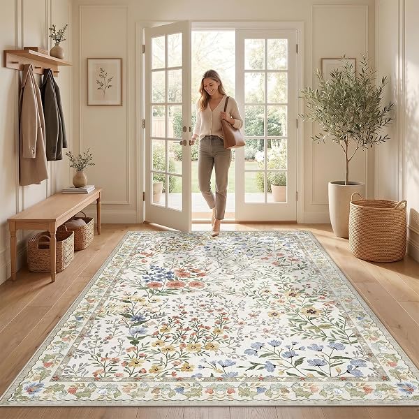 Washable Living Room Area Rug 5x7: Vintage Floral Accent Rug - Machine…