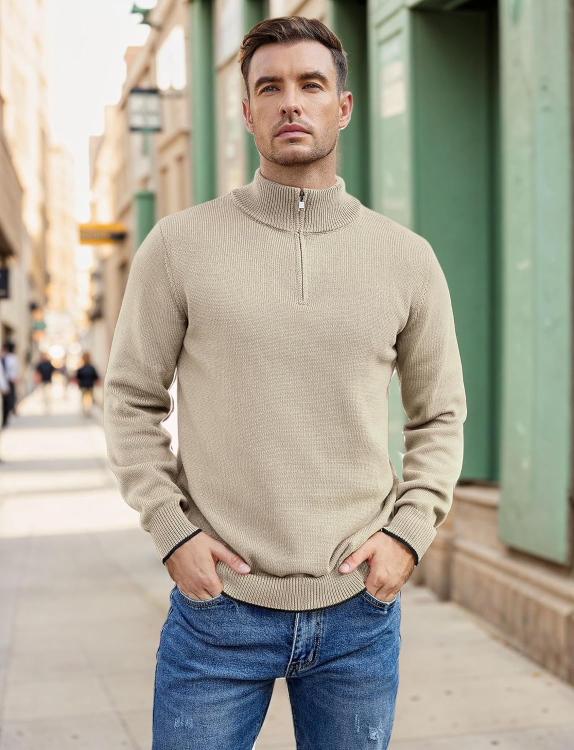 COOFANDY Men's Quarter Zip Up Pullover Slim Fit Lightweight Mock Neck Long Sleeve Sweaters - Image 3