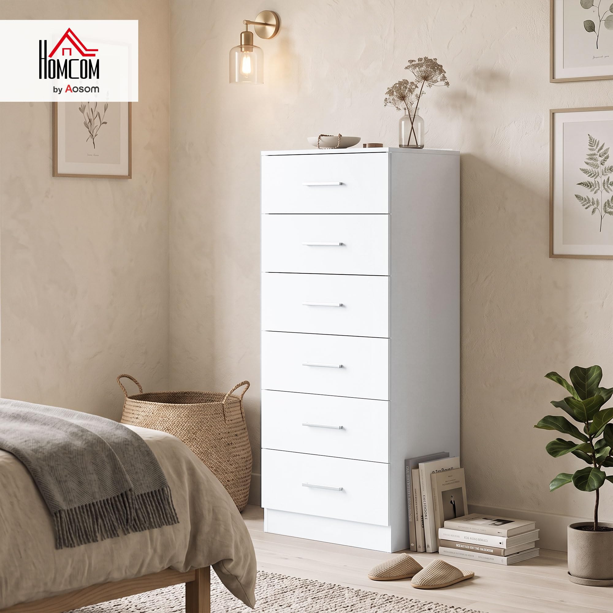 HOMCOM Komoda z 6 szufladami, do sypialni, 40 x 40 x 110 cm, biała