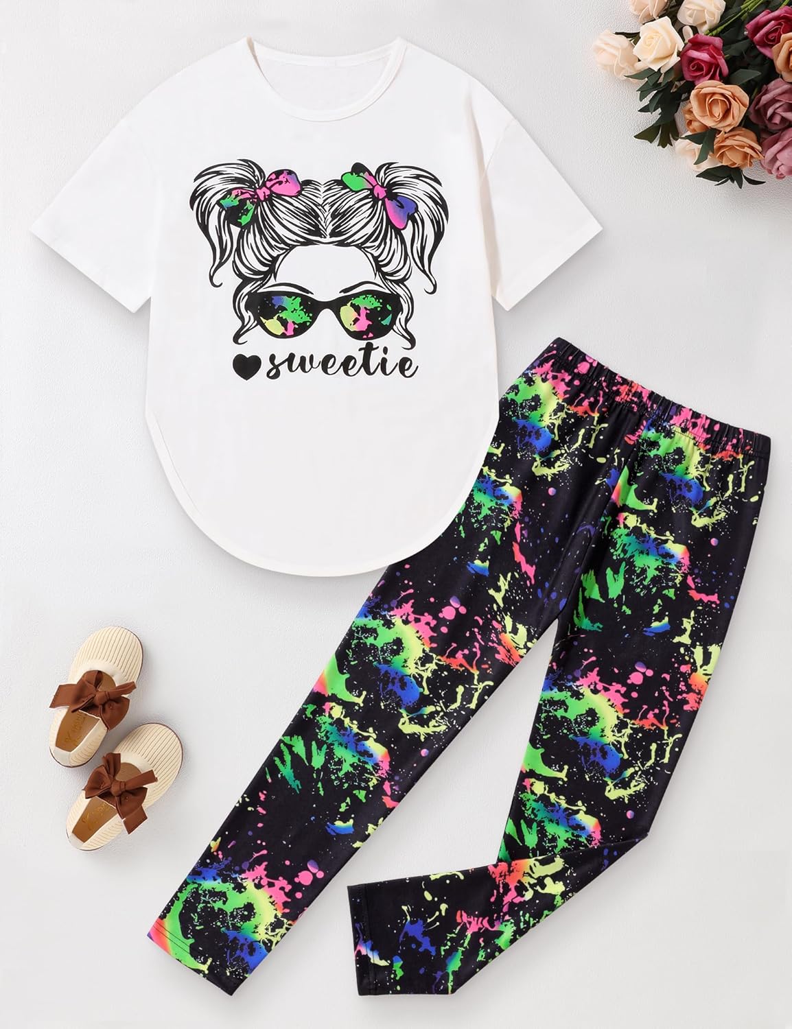 Girls Clothes, Teen Girl Clothes Sweetie-Girl Print Short Sleeve Tops Tie Dye Long Pants 2 PC Sweatsuits Set 6-14 - Image 3