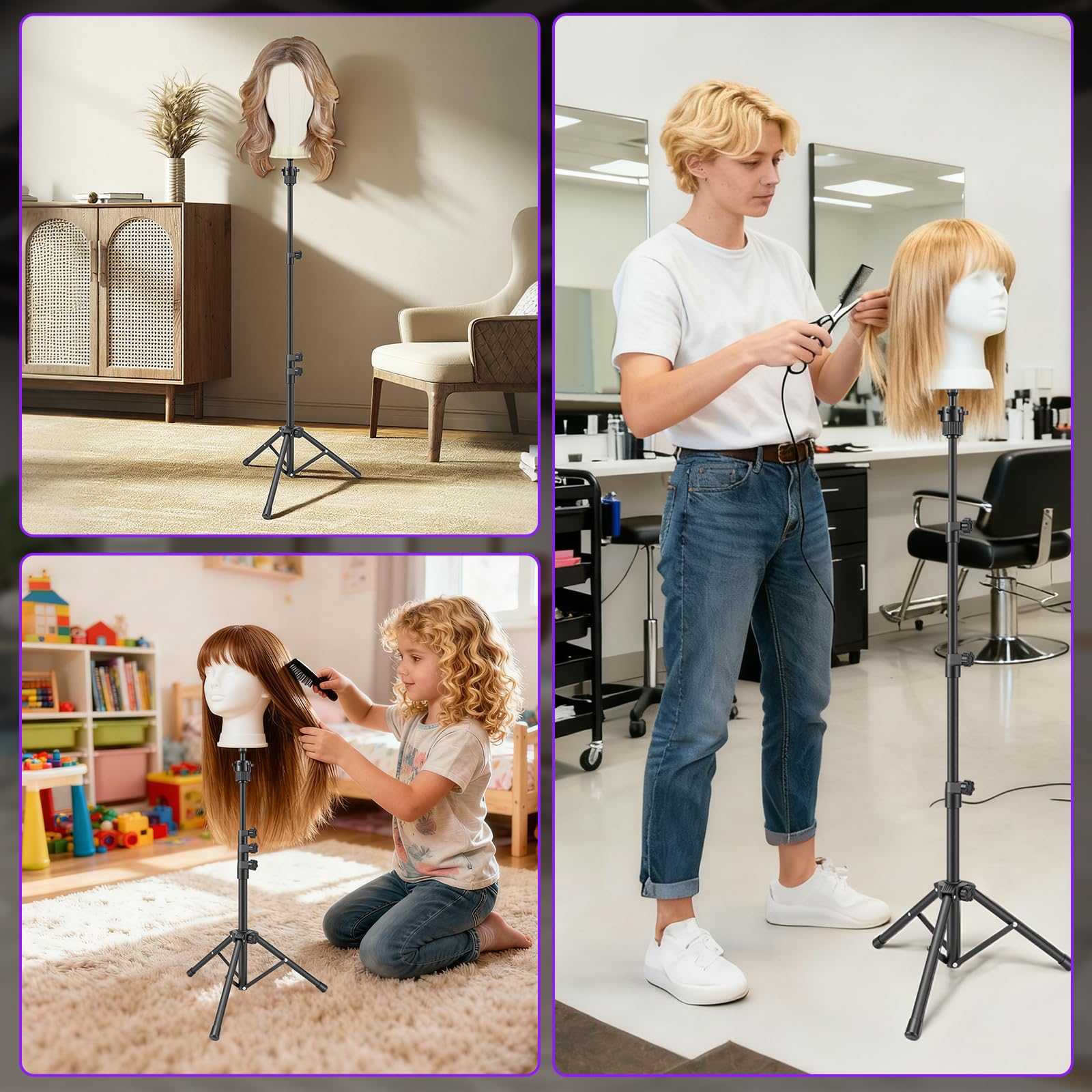 TwoWin Support de Tête de Mannequin Réglable 59-140 cm, 23,2-55 Pouces Trépied pour Perruques, Porte Perruques avec Base Antidérapante, Idéal pour l‘Entraînement en Coiffure et Cosmétologie