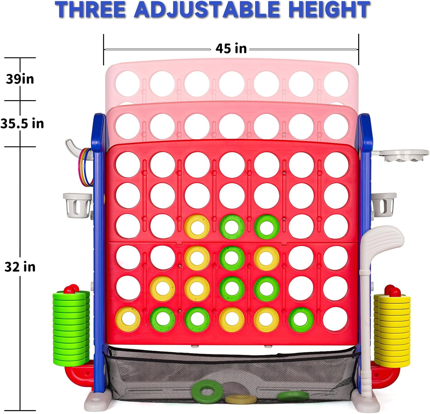 Giant 4 Connect in a Row Game Outdoor, Height Adjustable Jumbo 4-to-Score Yard Games Set with Basketball toy, Ring Toss Golf Play for Kids & Adults Outdoor Indoor Family Holiday Party Game Gift