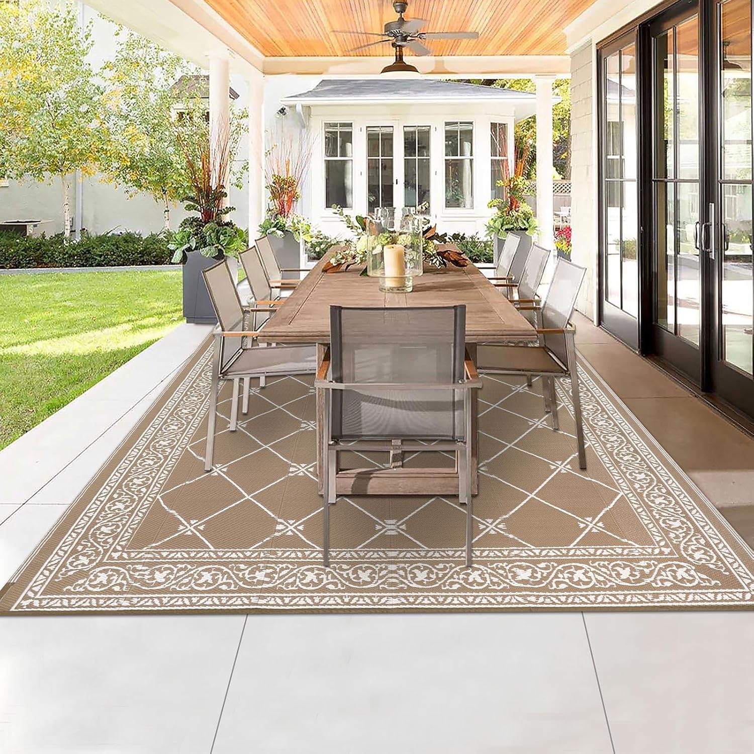 HiiARug Outdoor Rug 9'x18' for Patios Waterproof Patio Rugs Outdoor Mats for Front Porch,Beach Mat,Reversible Plastic Straw Camping Rugs for Outside RV,Deck,Balcony,Backyard (Beige Tan, 9'x18')