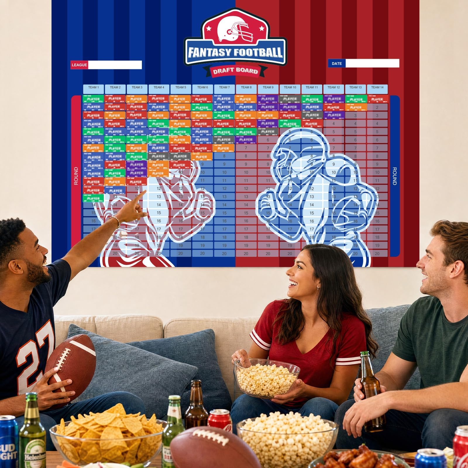 Happy Aplenty 2026 Fantasy Football Draft Board Kit, 14 Teams x 20 Runden, extra großes 15 x 100 cm Draft Board mit aktualisierten 600+ Spieler-Aufklebern, Blanko-Etiketten & Saisonplan 2026-2027