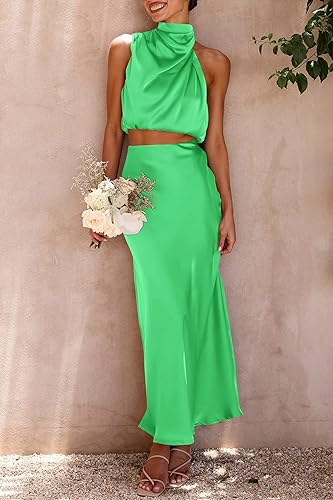 Miniatura 6 de PRETTYGARDEN Conjuntos de Vestidos de 2 Piezas de Satén para Mujer de Verano Tops Cortos sin Mangas con Cuello Simulado y Falda Larga