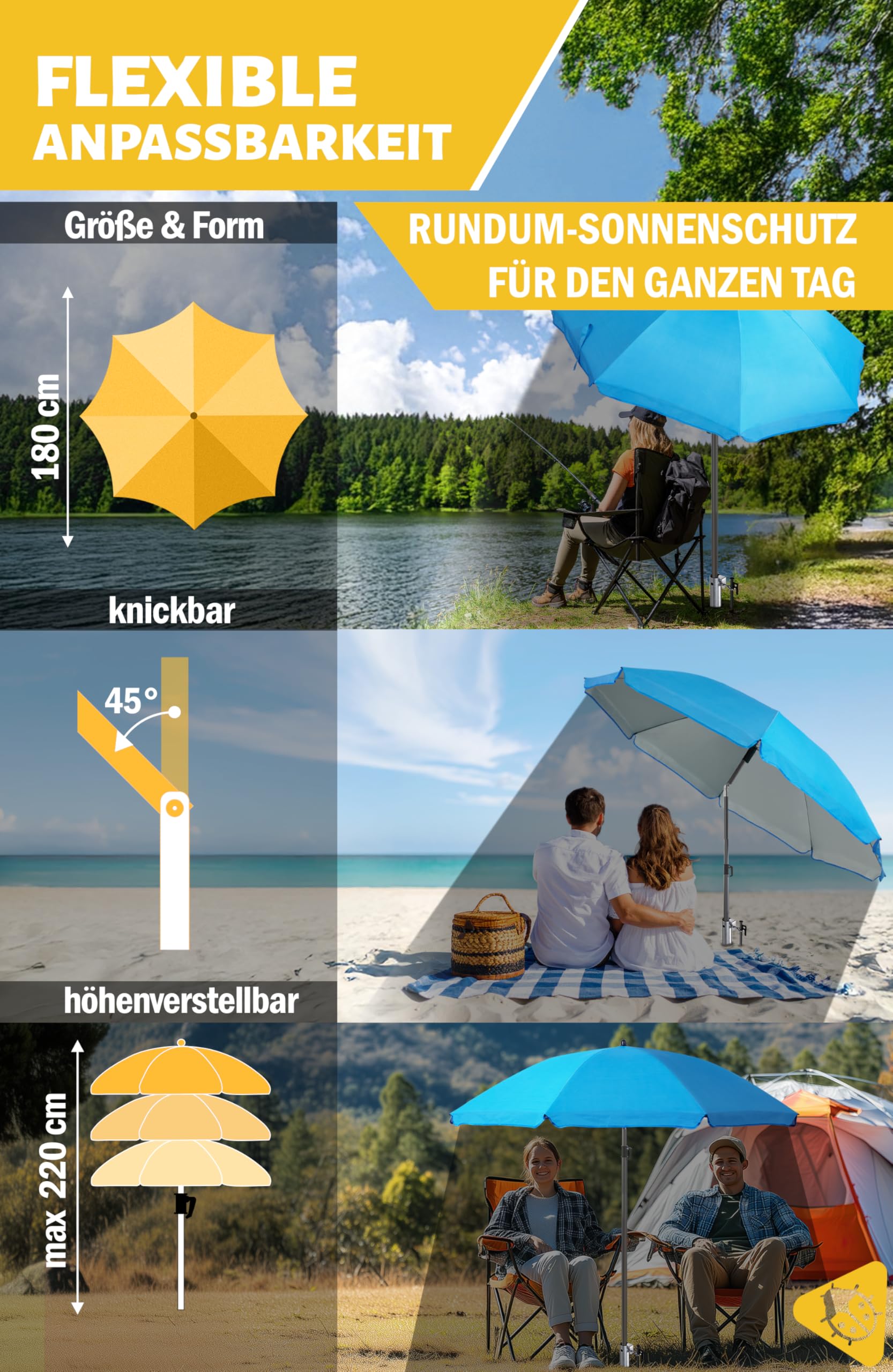 Menz Sonnenschirm Strand mit UV80 Sonnenschutz Strand – Strandschirm Windfest Stabil Ø 180 cm 3er Set, Einschraubhülse Bodenhülse & Schirmhülle, Blau, für Strand, Garten & Camping
