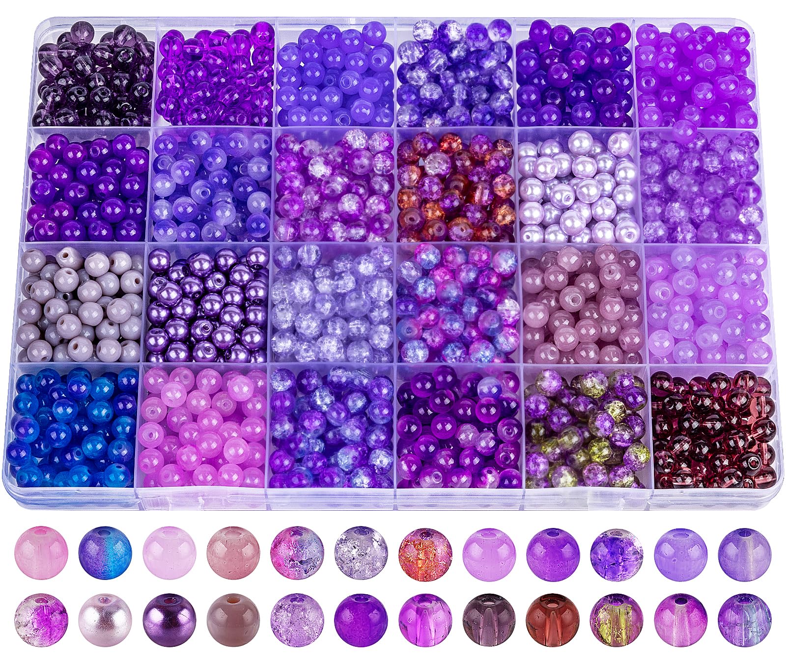 XSEINO About 1200PCS 6mm Glass Beads Bracelet Making Kit,24 Assorted Violet Elegant Series Colorful Crystal Beads for Bracelet and Jewelry Making and DIY Crafts,Friendship Bracelets