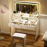 ComHoma White Makeup Vanity Desk with LED Lights, 5 Drawers, Charging Station & Chair Set - Dimmable Mirror 3 Color Modes