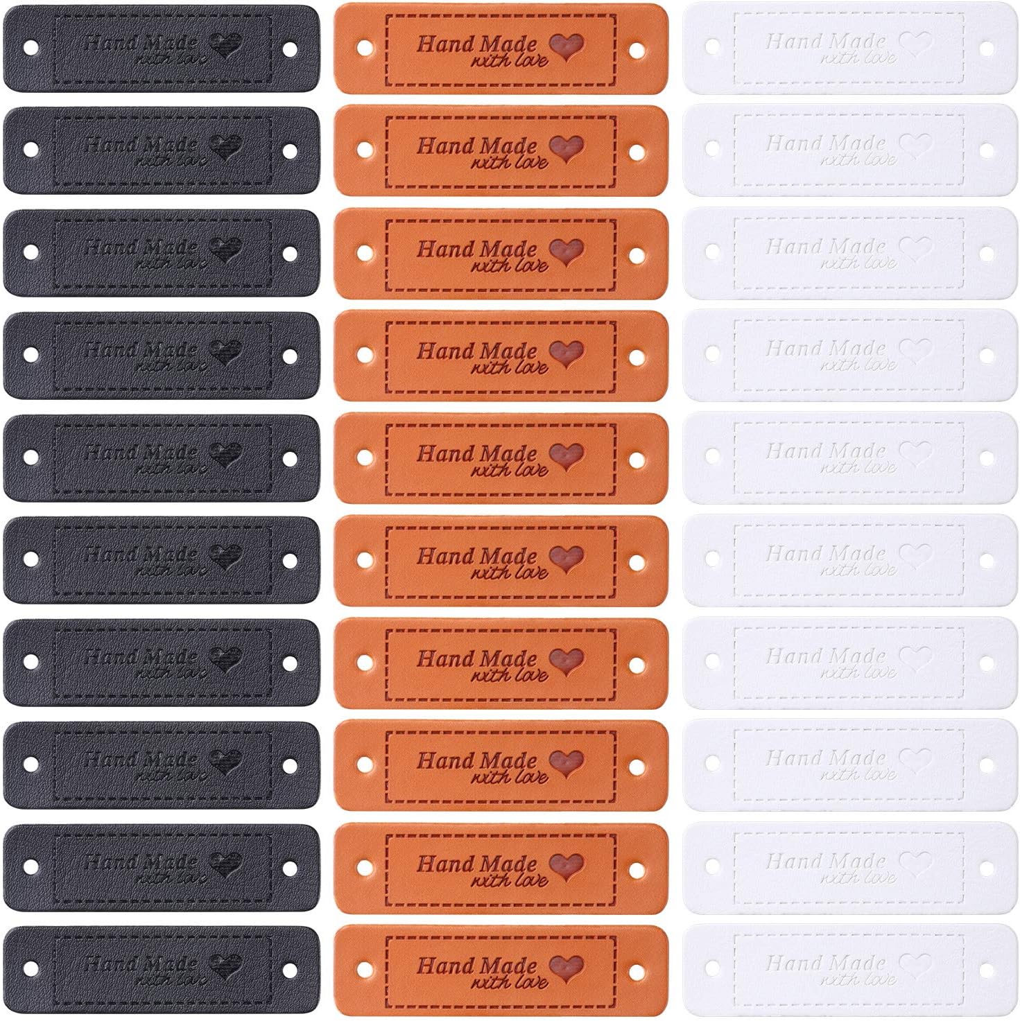 Xuniea 30 Pieces Handmade with Love Heart PU Leather Tags Labels with Holes for DIY Craft Sewing Crochet Knitting Hats Supplies