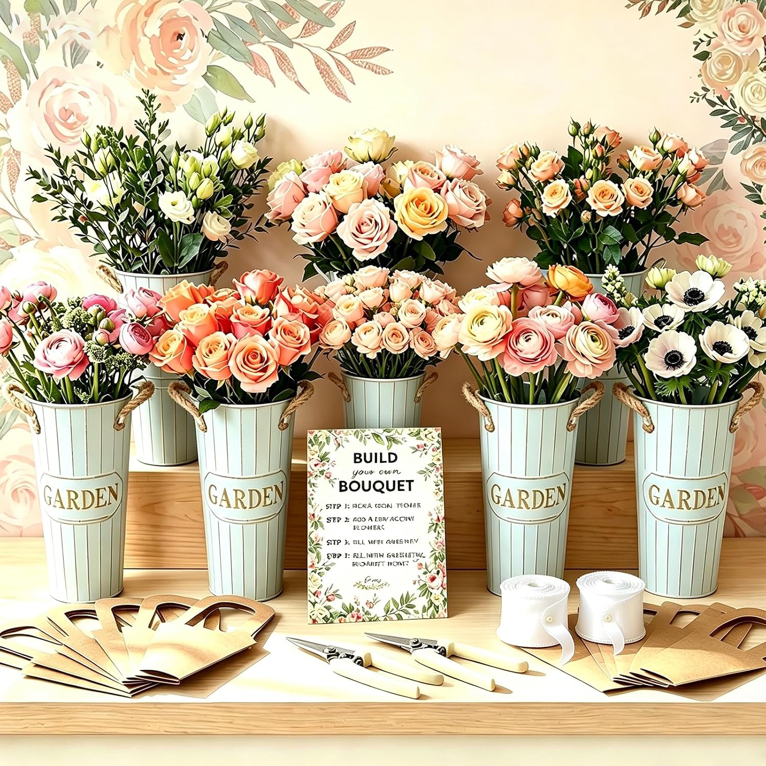 JIANAERQ Complete Floral Bar Set with 30 Kraft Paper Bouquet Bags, 2 Floral Scissors, 6 Flower Tubes, 2 Rolls Ribbons & Paper Table Sign, Wedding Bridal Shower Party Floral Arrangement Supplies